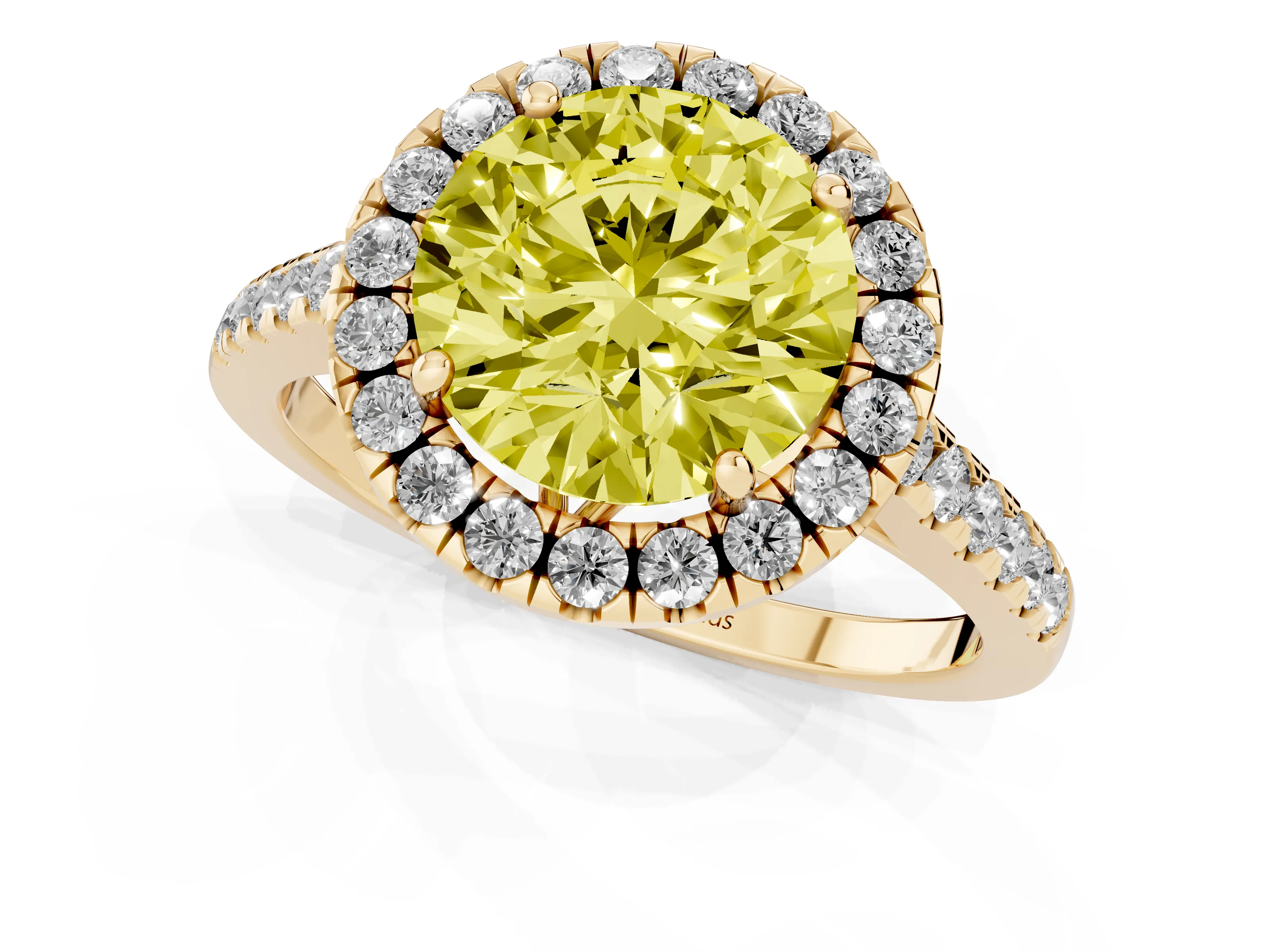 Fancy Yellow Round Cut Diamond Pavé Halo Engagement Ring Set in Yellow gold with Pavé Band and Prong Setting