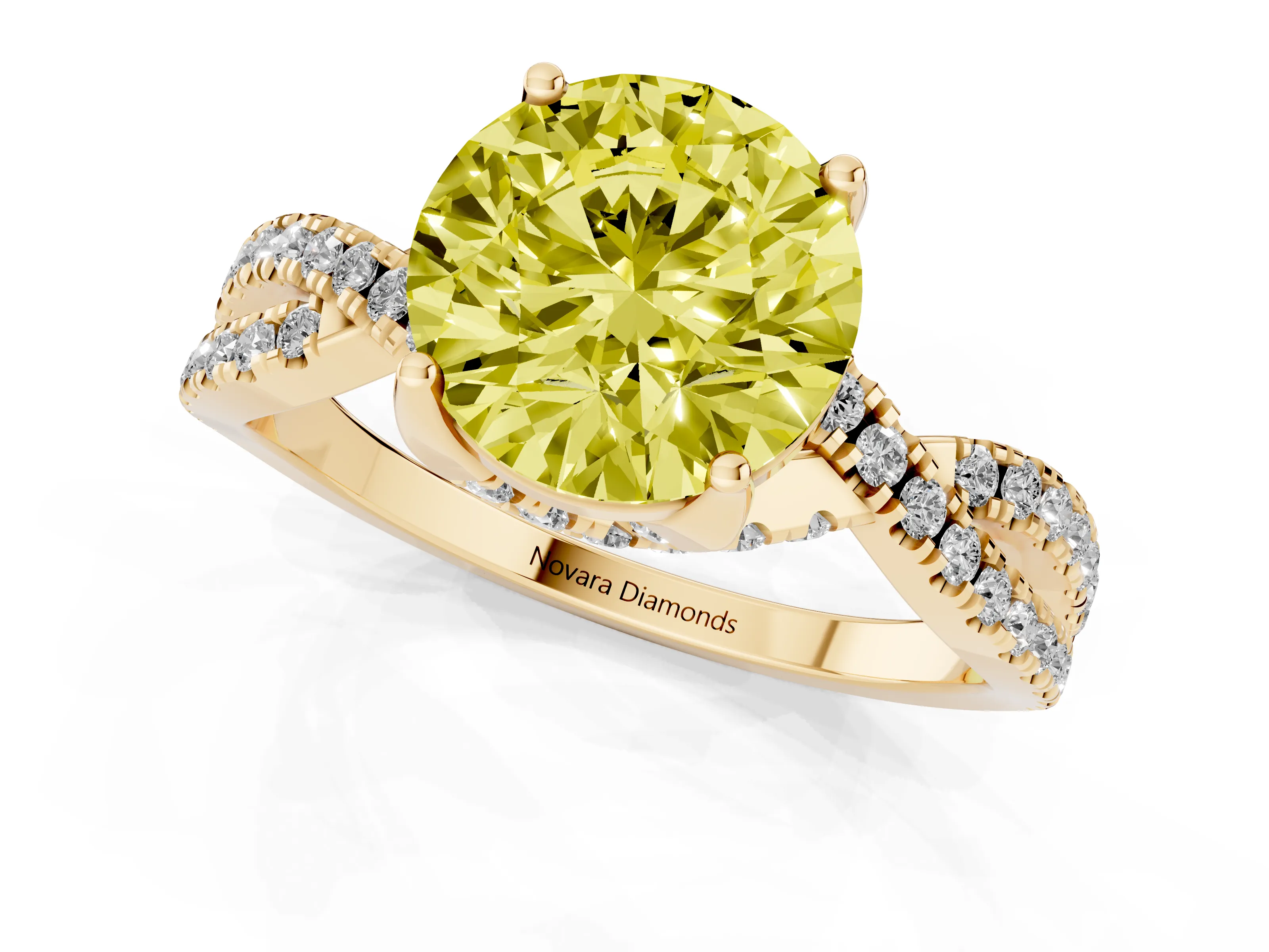 Fancy Yellow Round Cut Diamond Twist Pavé Solitaire Engagement Ring Set in Yellow gold with Prong Setting
