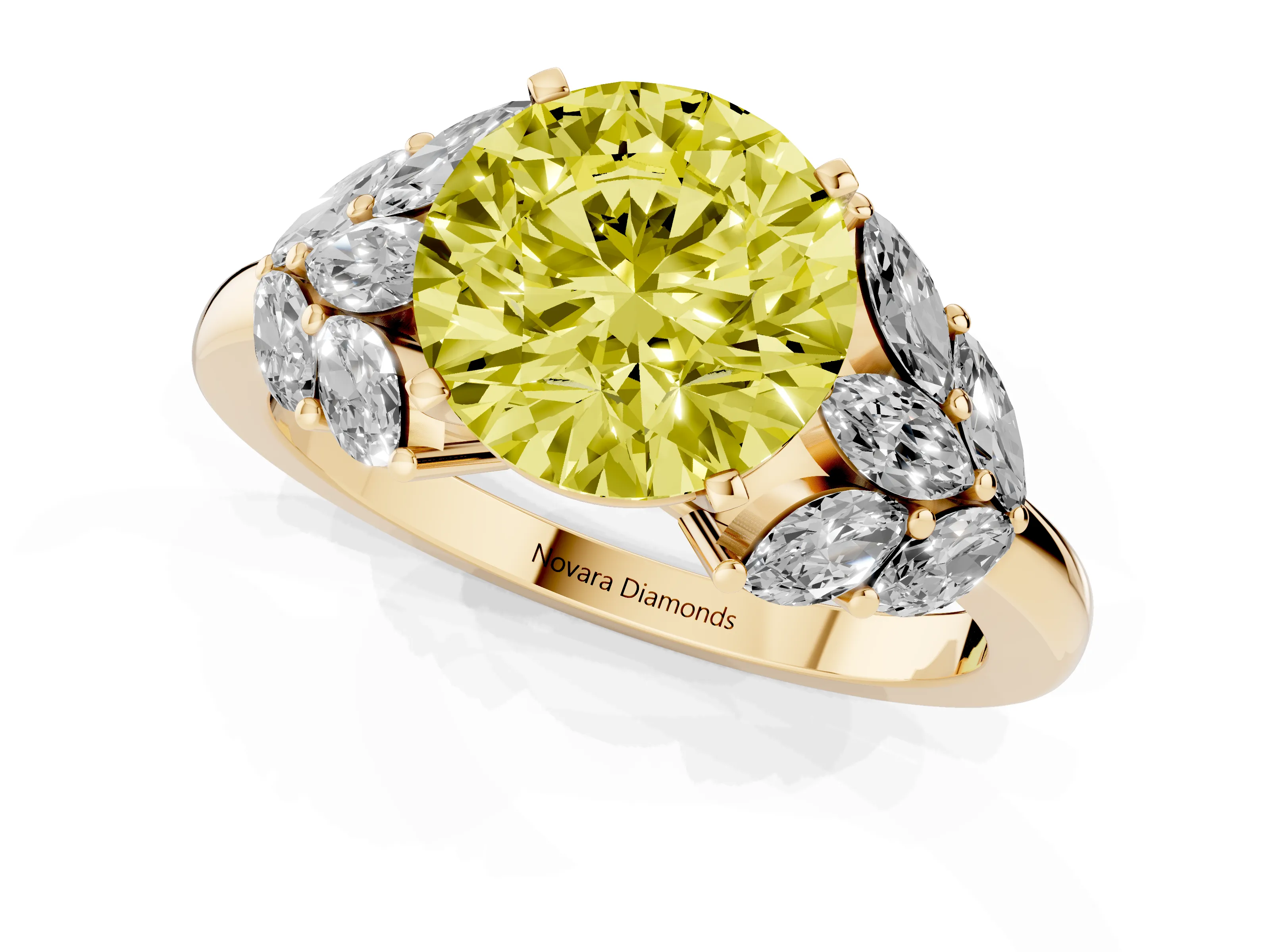 Fancy Yellow Round Cut Diamond Cluster Leaf Design Ring Set in Yellow gold with Prong Setting
