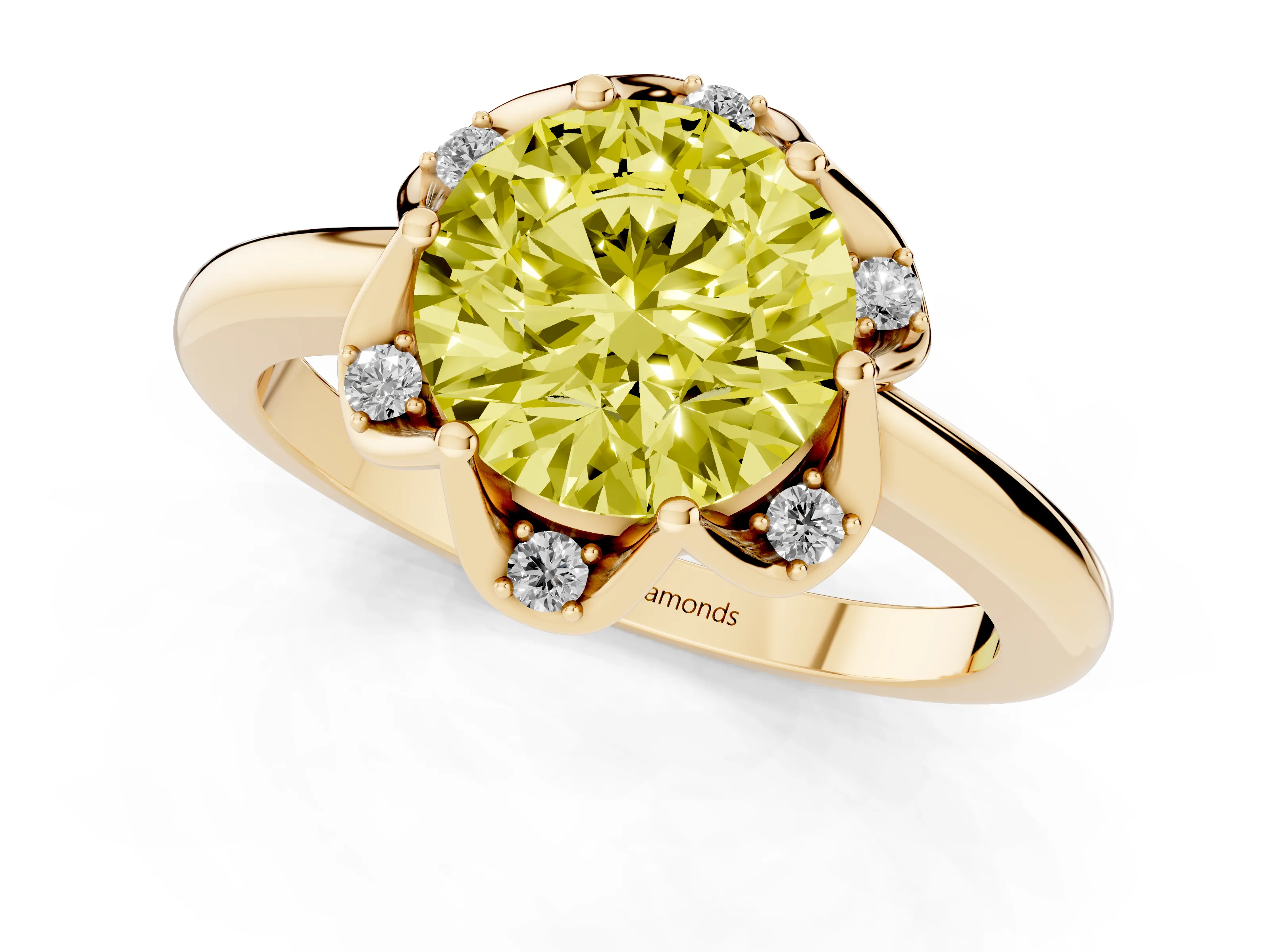 Fancy Yellow Round Cut Diamond Round Cluster Halo Ring Set in Yellow gold with Solitaire Band and Prong Setting