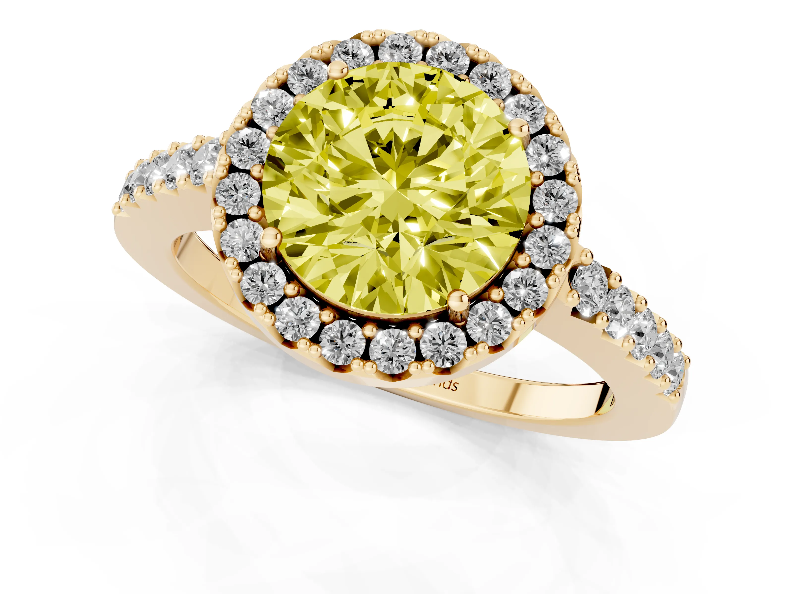 Fancy Yellow Round Cut Diamond Halo Pavé Solitaire Ring Set in Yellow gold with Prong-Set Center Stone