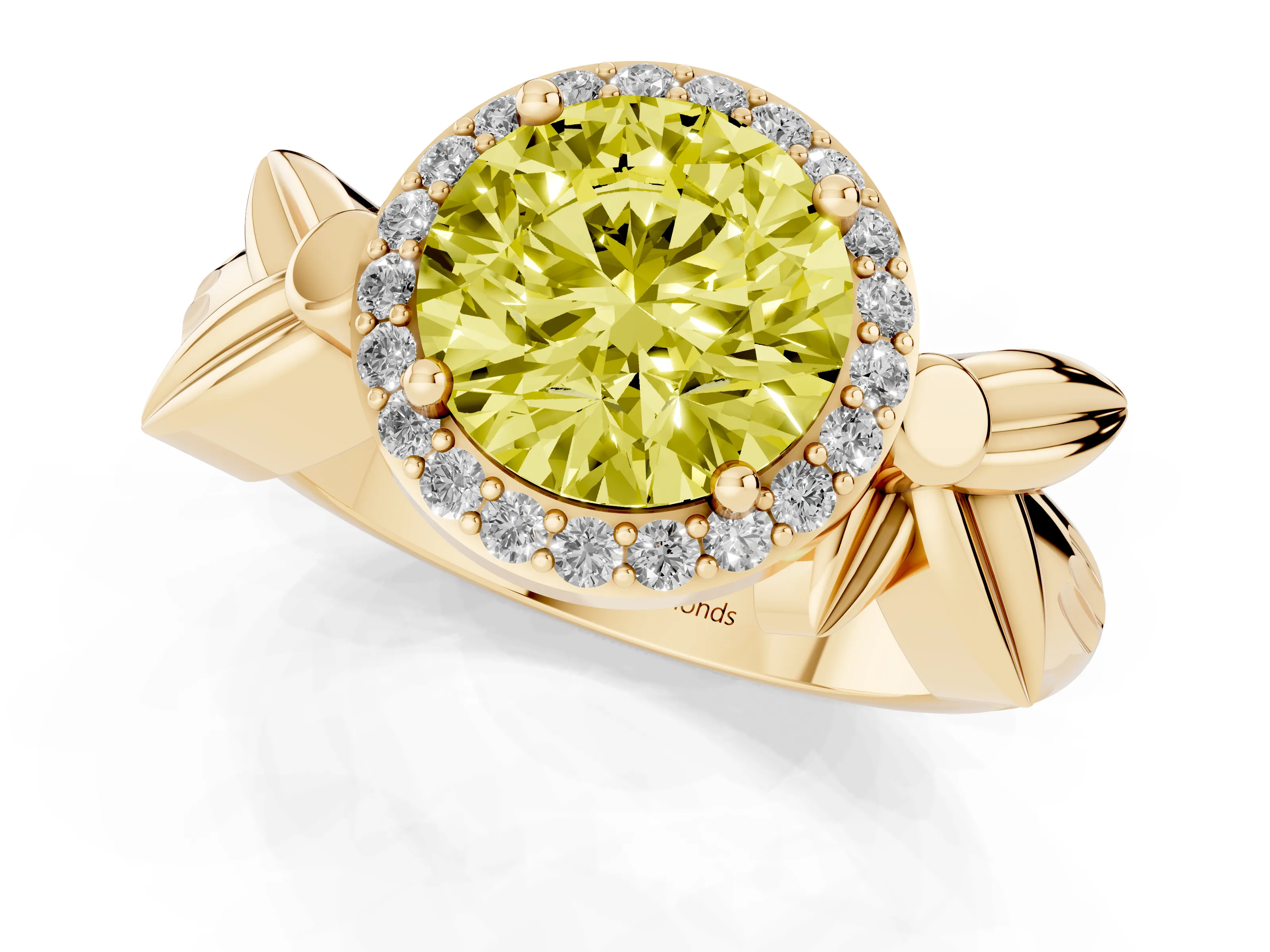 Fancy Yellow Round Cut Diamond Halo Floral Band Ring Set in Yellow gold with Prong Setting