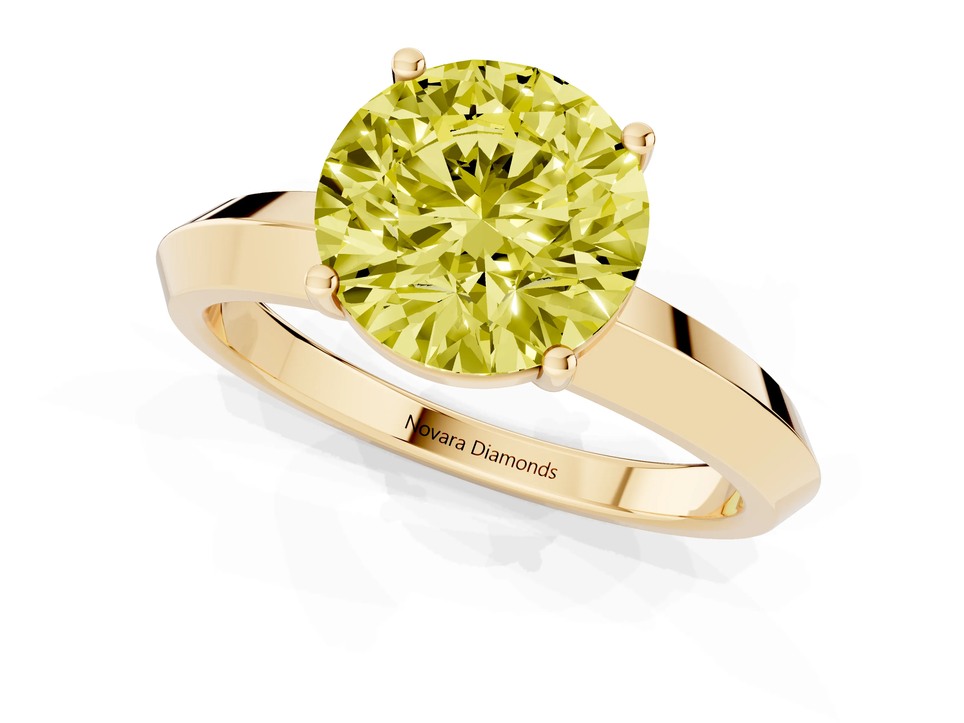 Fancy Yellow Round Cut Diamond Solitaire Engagement Ring Set in Yellow gold with Flat Band and Prong Setting
