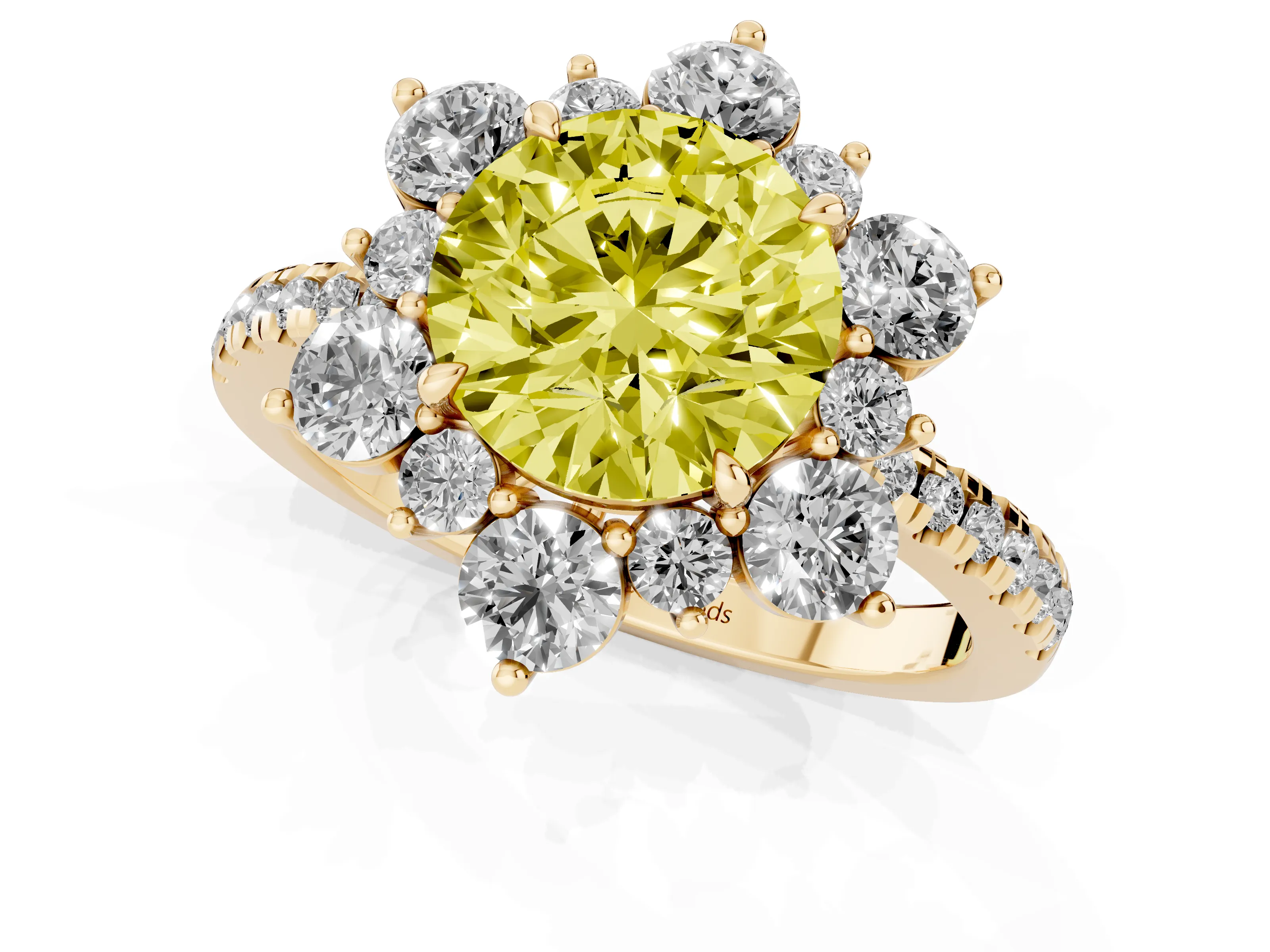 Fancy Yellow Round Cut Diamond Floral Halo Ring Set in Yellow gold with Round Pavé Band and Prong Setting