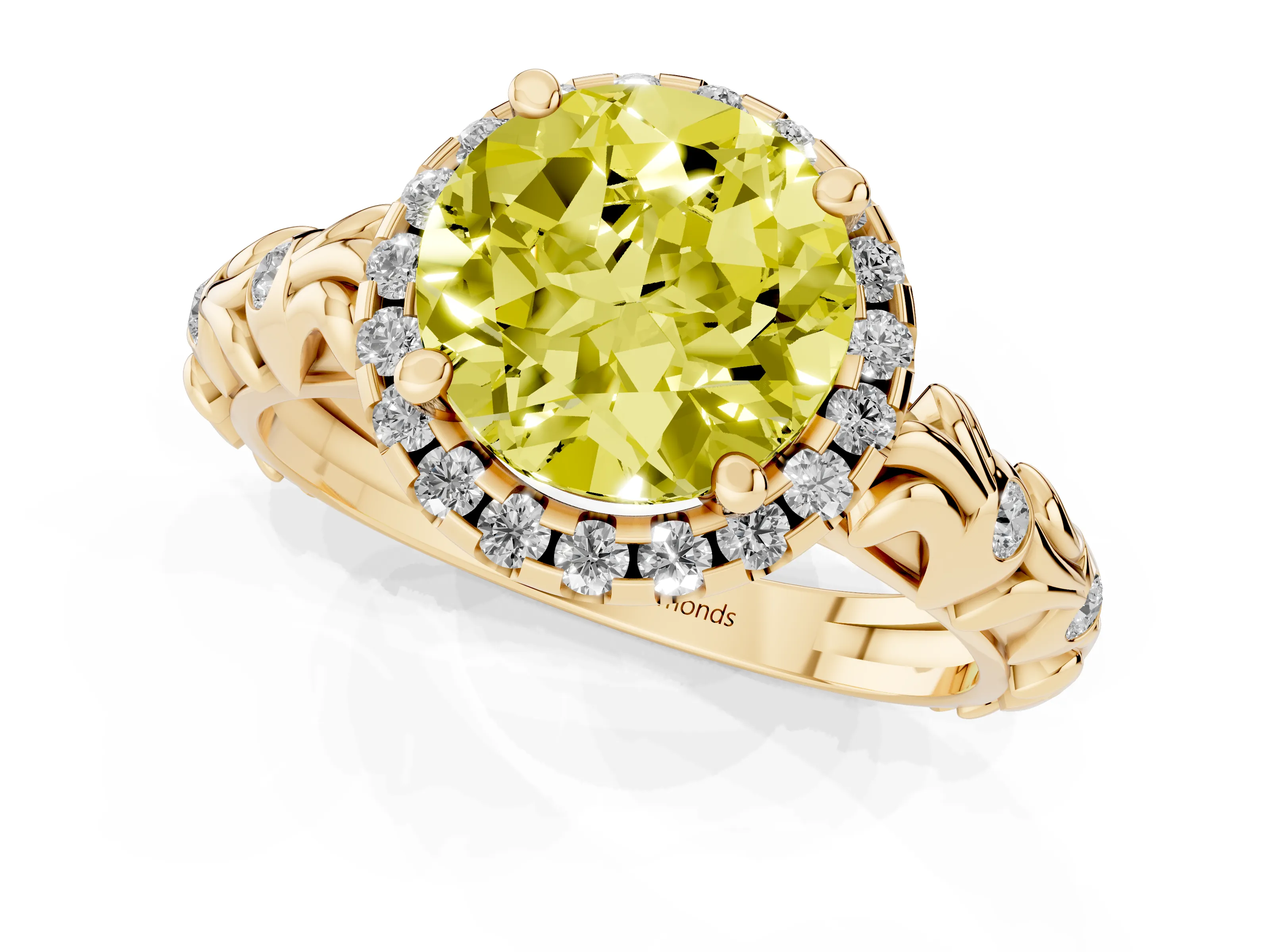 Fancy Yellow Round Cut Diamond Halo Ring Set in Yellow gold with Filigree Leaf Band and Prong Setting