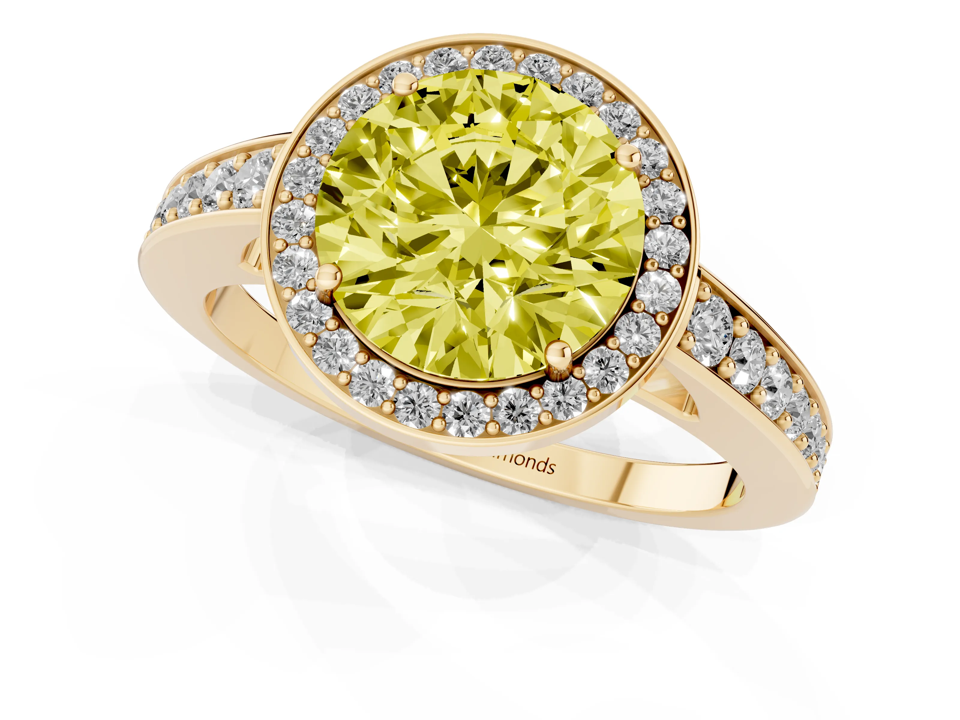 Fancy Yellow Round Cut Diamond Halo Pavé Engagement Ring Set in Yellow gold with Bezel Setting