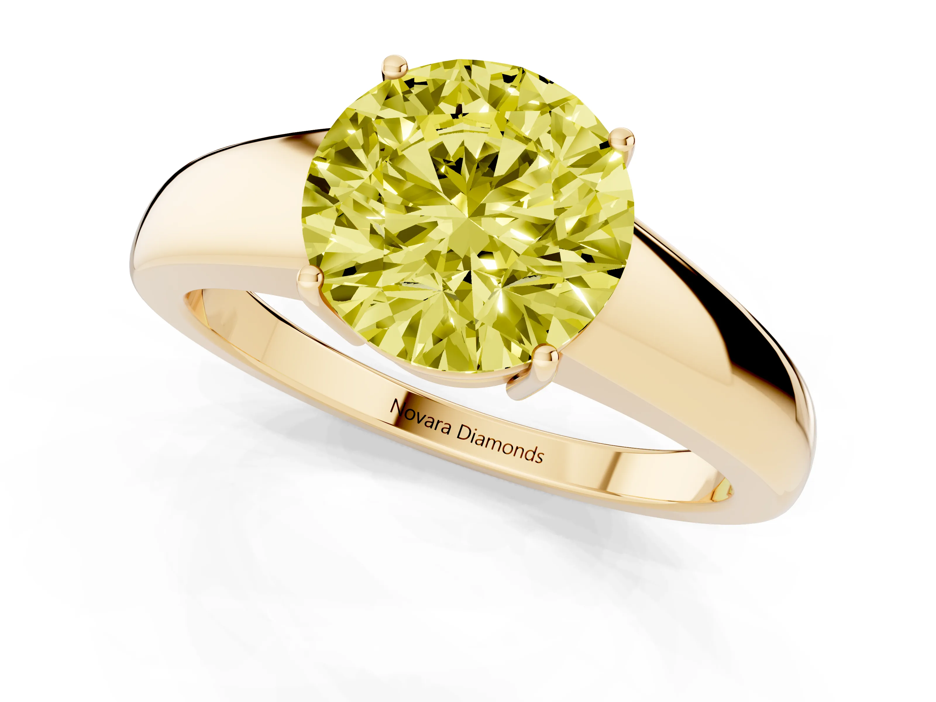 Fancy Yellow Round Cut Diamond Solitaire Ring Set in Yellow gold with Tapered Band and Prong Setting