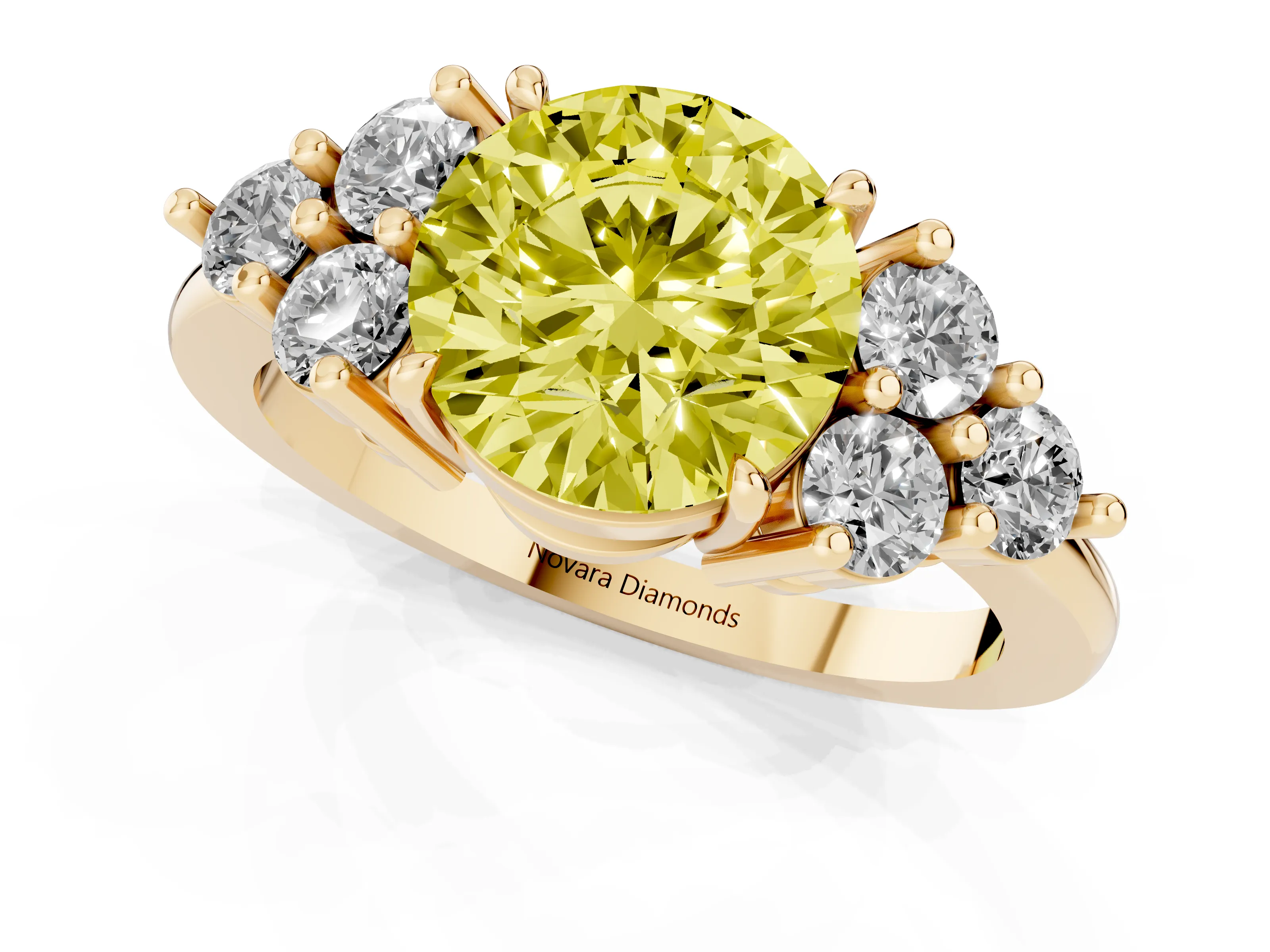 Fancy Yellow Round Cut Diamond Solitaire Ring Set in Yellow gold with Cluster Accents on Each Side