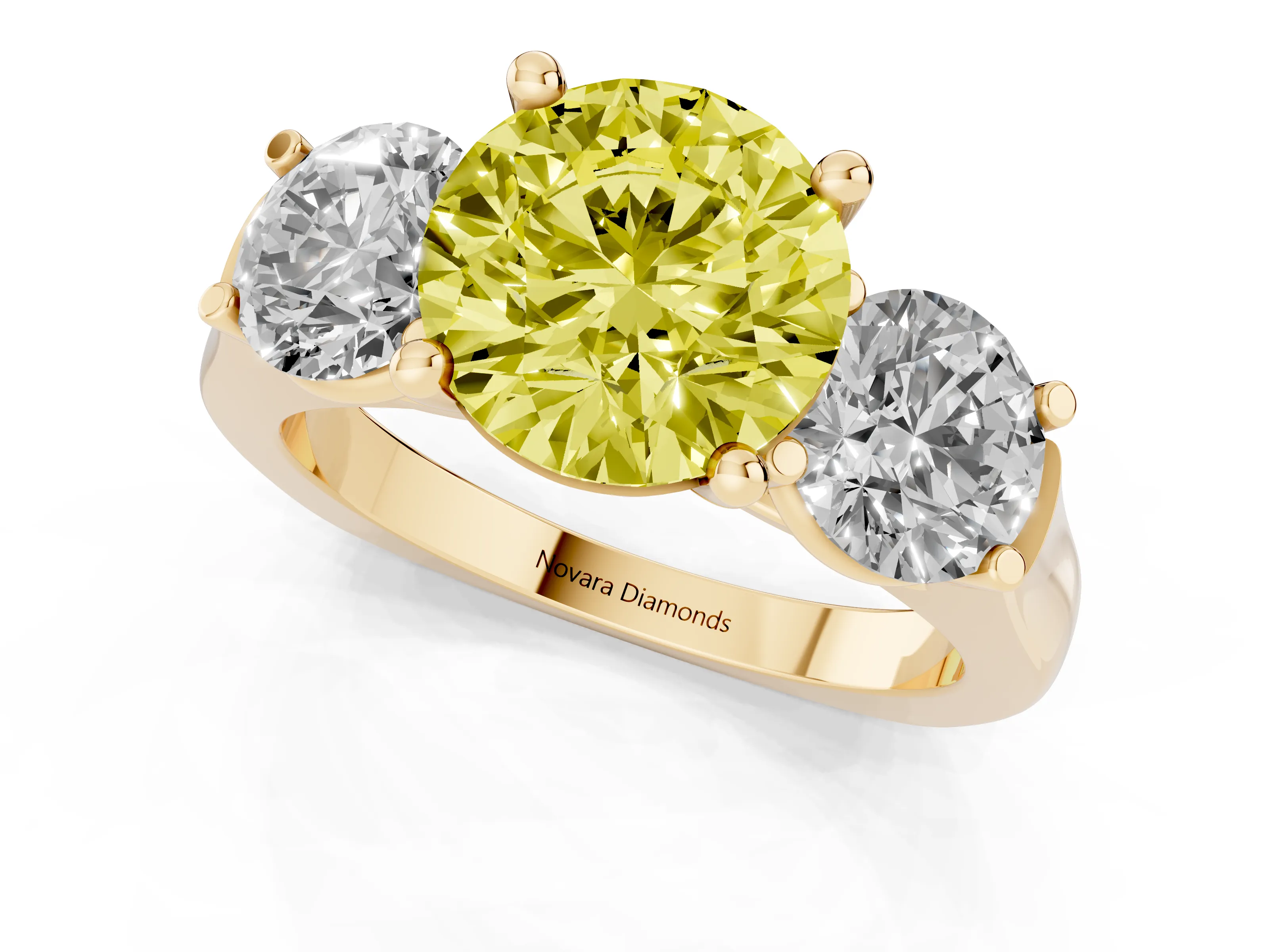 Fancy Yellow Round Cut Diamond Three-Stone Trellis Ring Set in Yellow gold with Comfort Fit Band