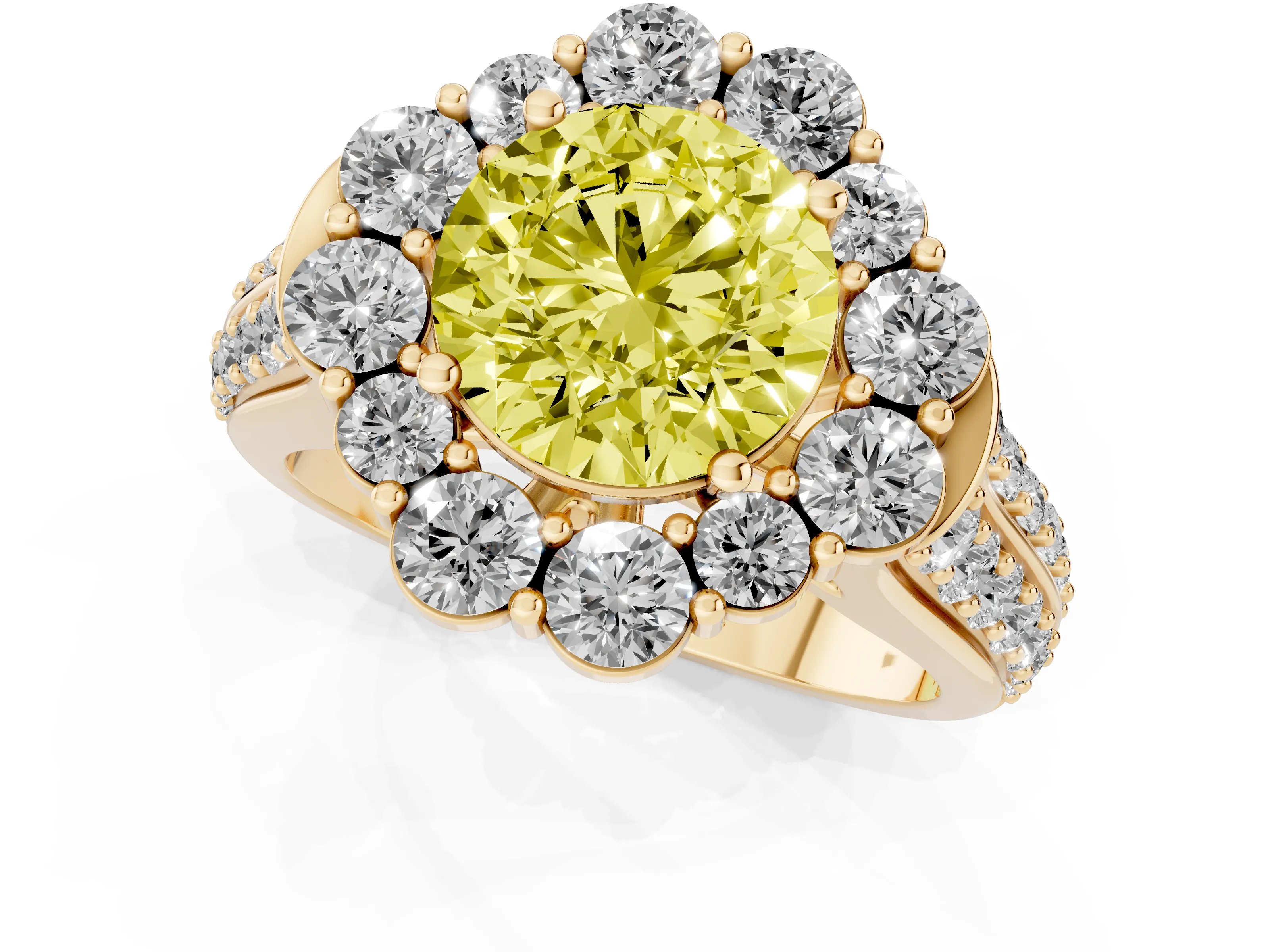 Fancy Yellow Round Cut Diamond Halo Engagement Ring Set in Yellow gold with Split Shank and Prong Setting