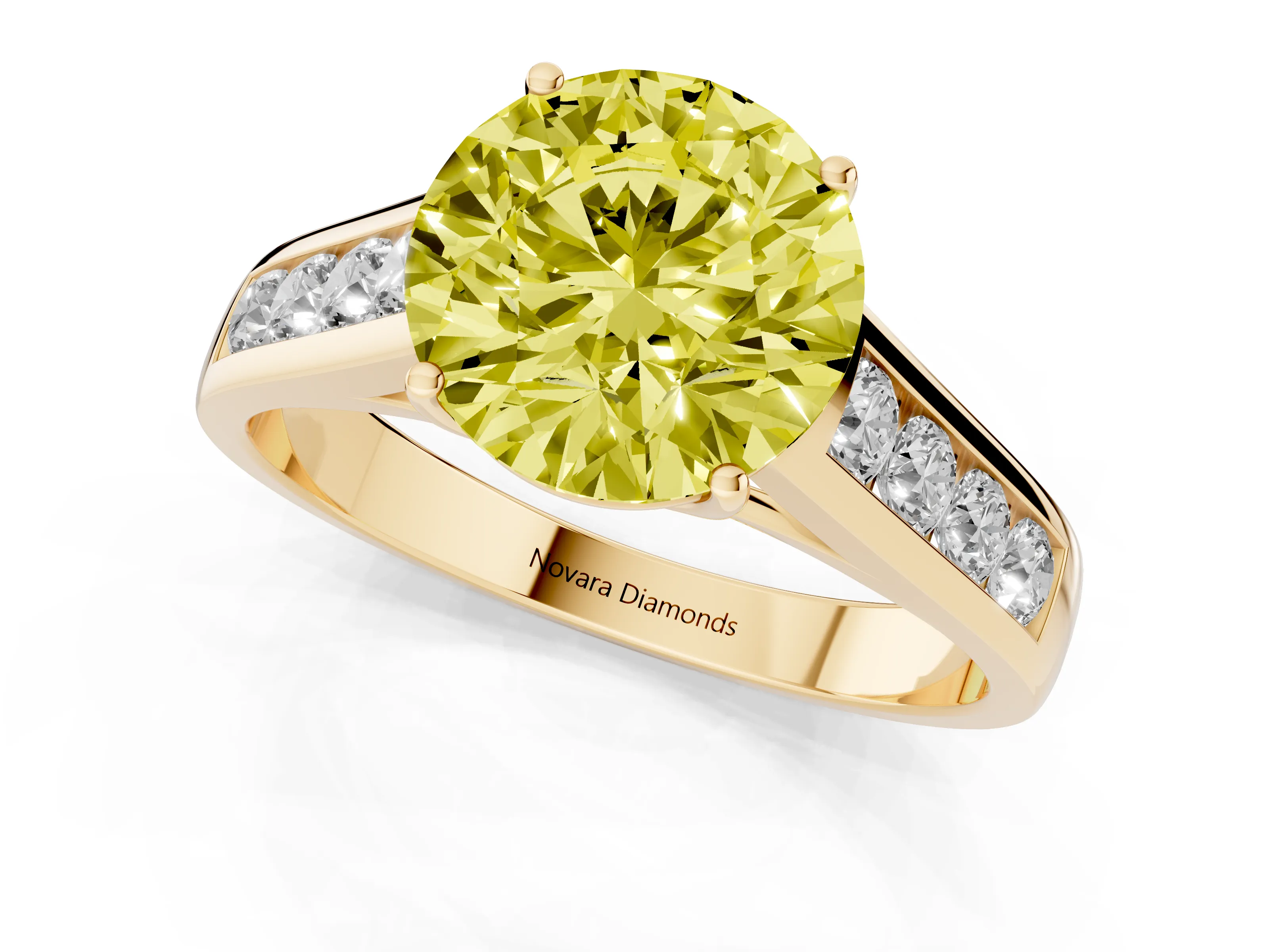 Fancy Yellow Round Cut Diamond Solitaire Channel-Set Engagement Ring Set in Yellow gold with Prong Setting