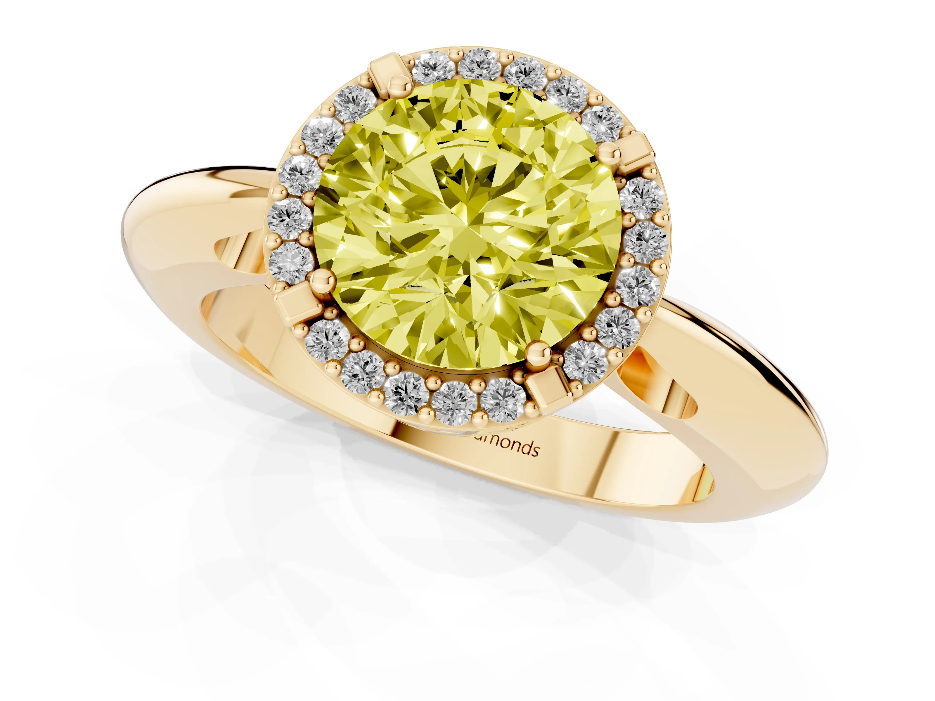Fancy Yellow Round Cut Diamond Halo Engagement Ring Set in Yellow gold with Plain Split Shank and Prong Setting