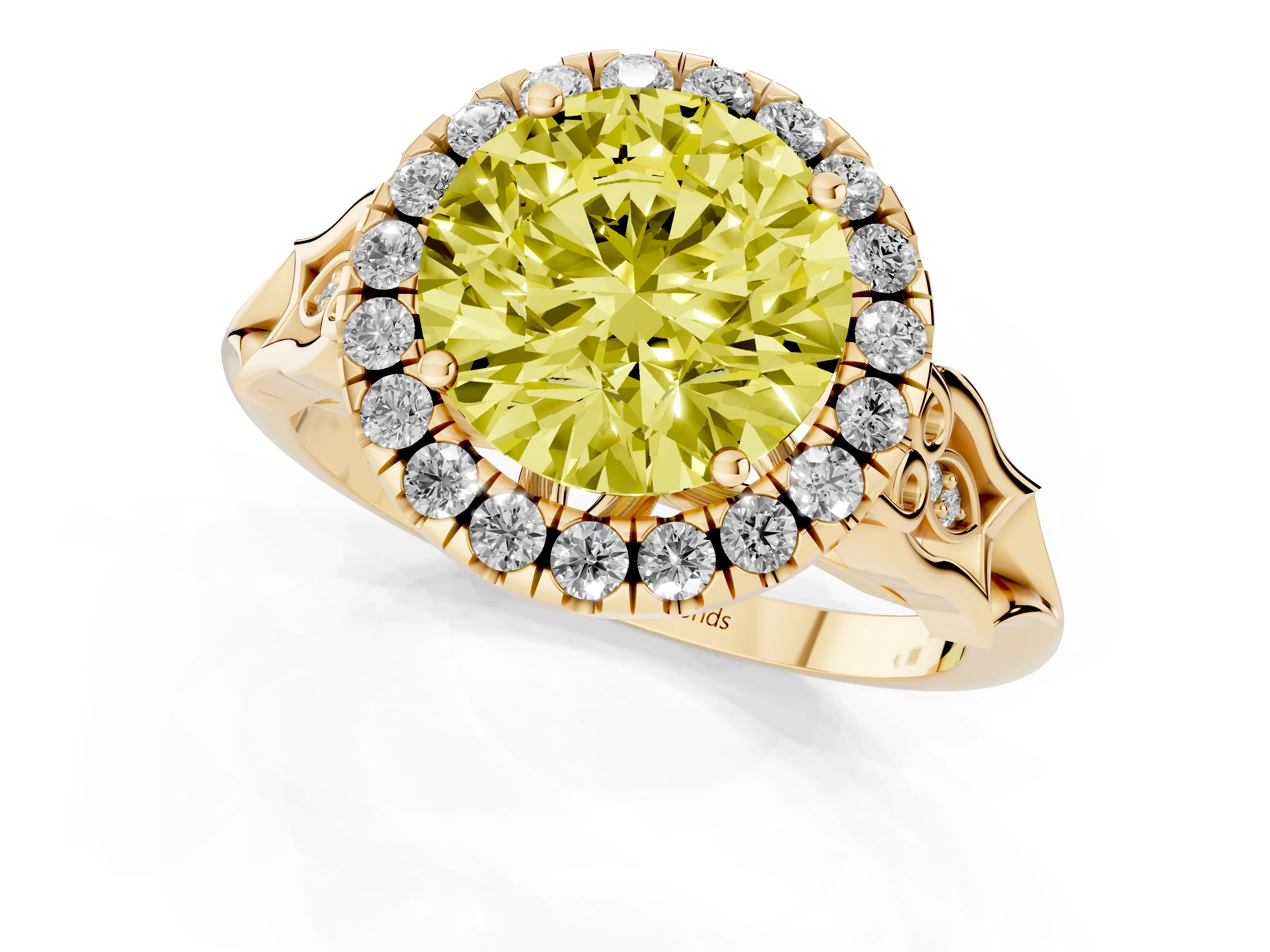 Fancy Yellow Round Cut Diamond Halo Engagement Ring Set in Yellow gold with Filigree Band and Prong-Set Center