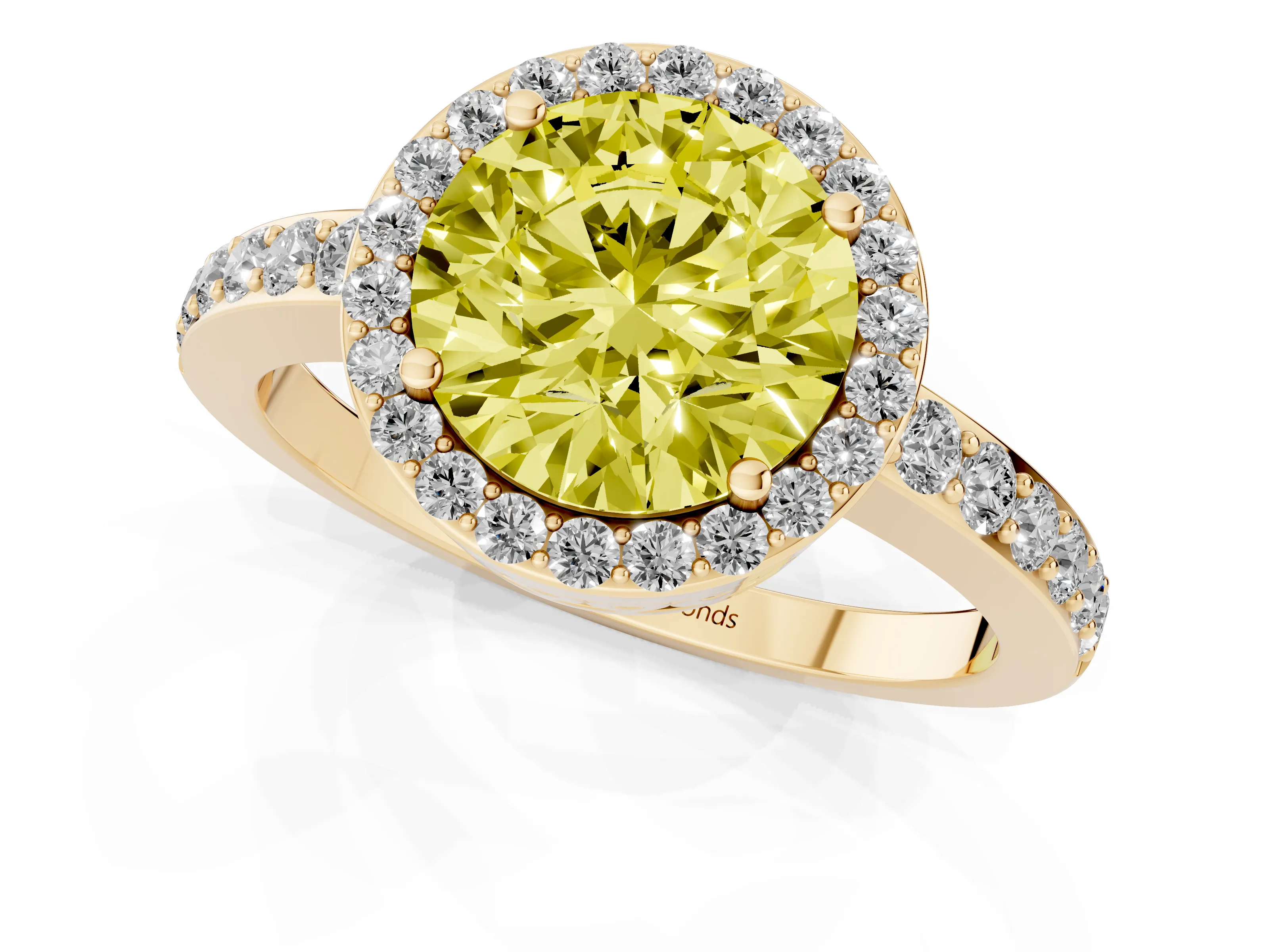 Fancy Yellow Round Cut Diamond Halo Ring Set in Yellow gold with Pavé-Setting Band and Open Prong Center
