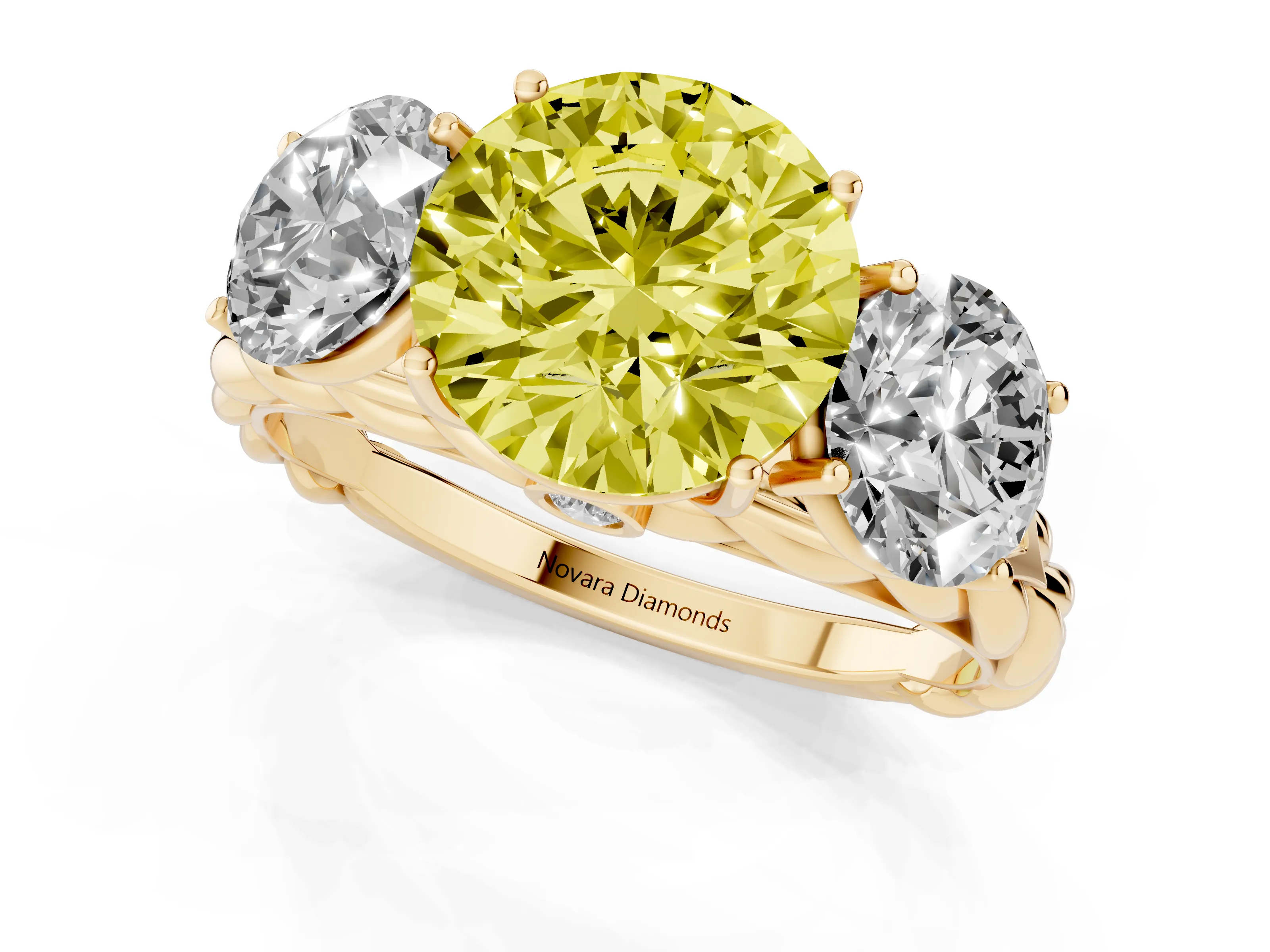Fancy Yellow Round Cut Diamond Three-Stone Ring Set in Yellow gold with Braided Band