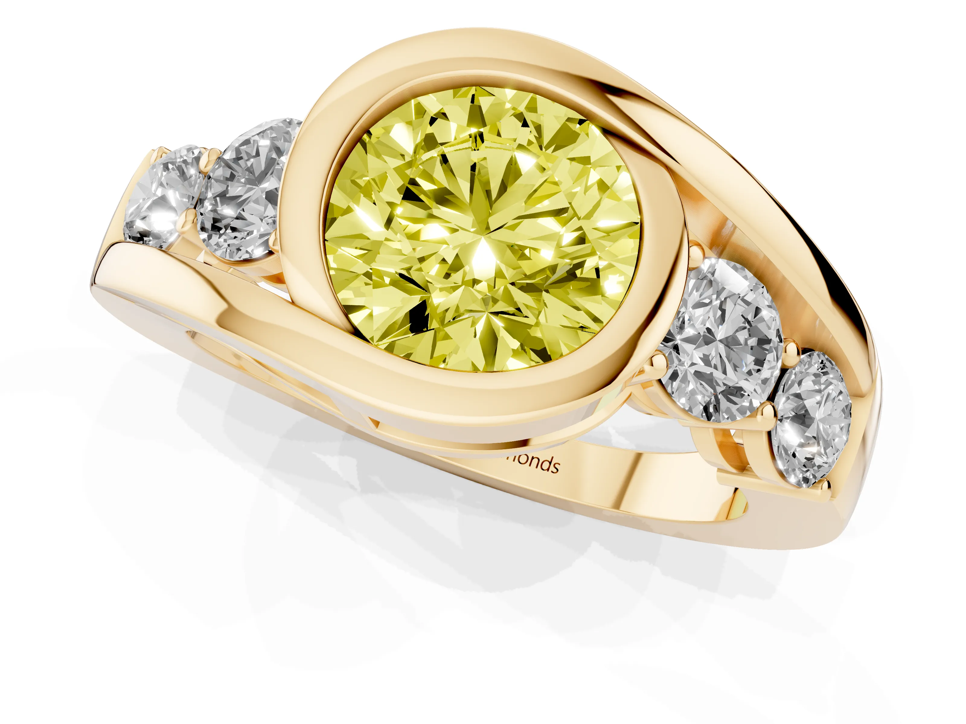 Fancy Yellow Round Cut Diamond Bezel Bypass Ring Set in Yellow gold with Round Accents