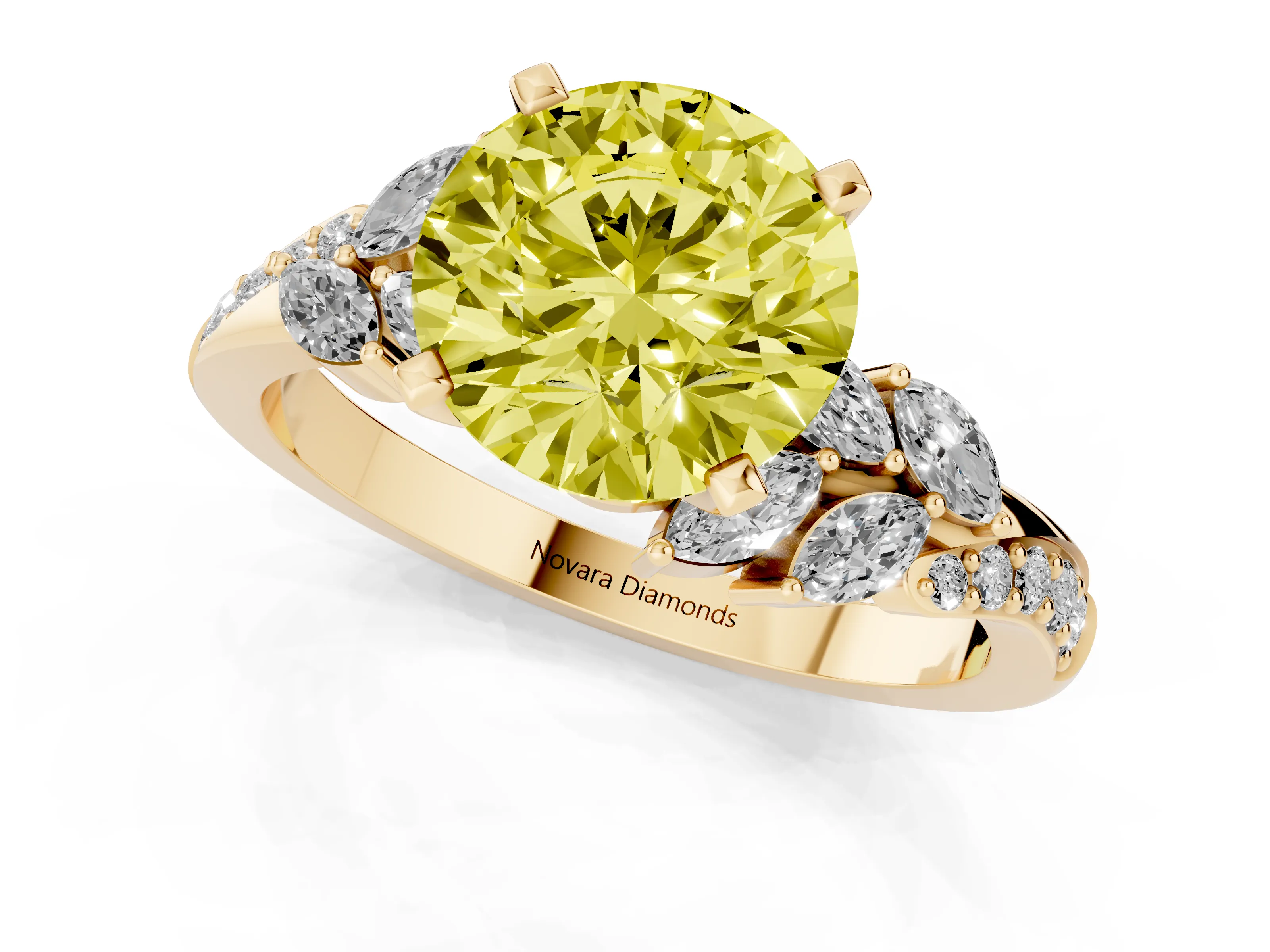 Fancy Yellow Round Cut Diamond Solitaire Ring Set in Yellow gold with Marquise Twist Band and Prong Setting
