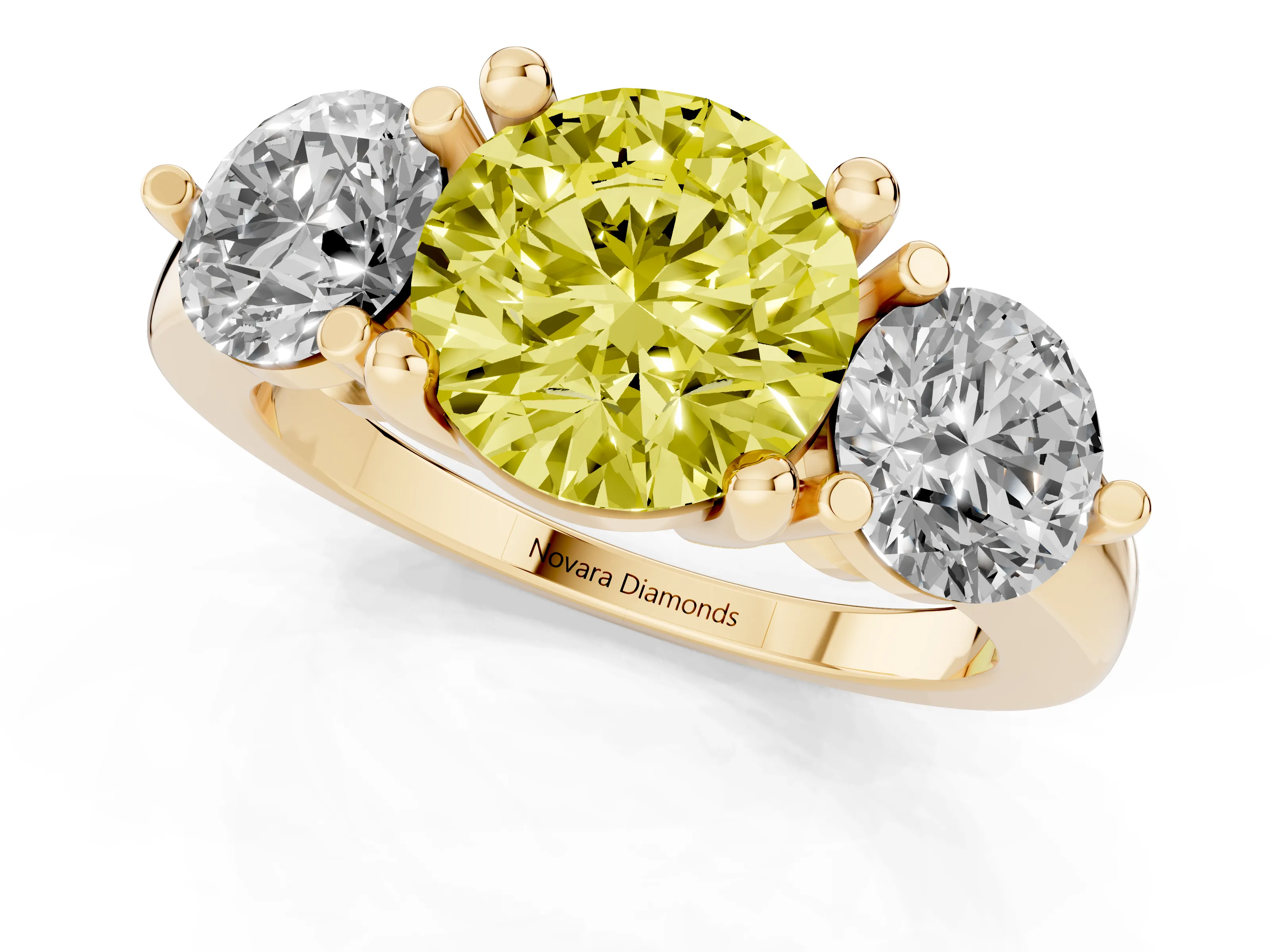 Fancy Yellow Round Cut Diamond Three-Stone Ring Set in Yellow gold with Prong Setting and Classic Band