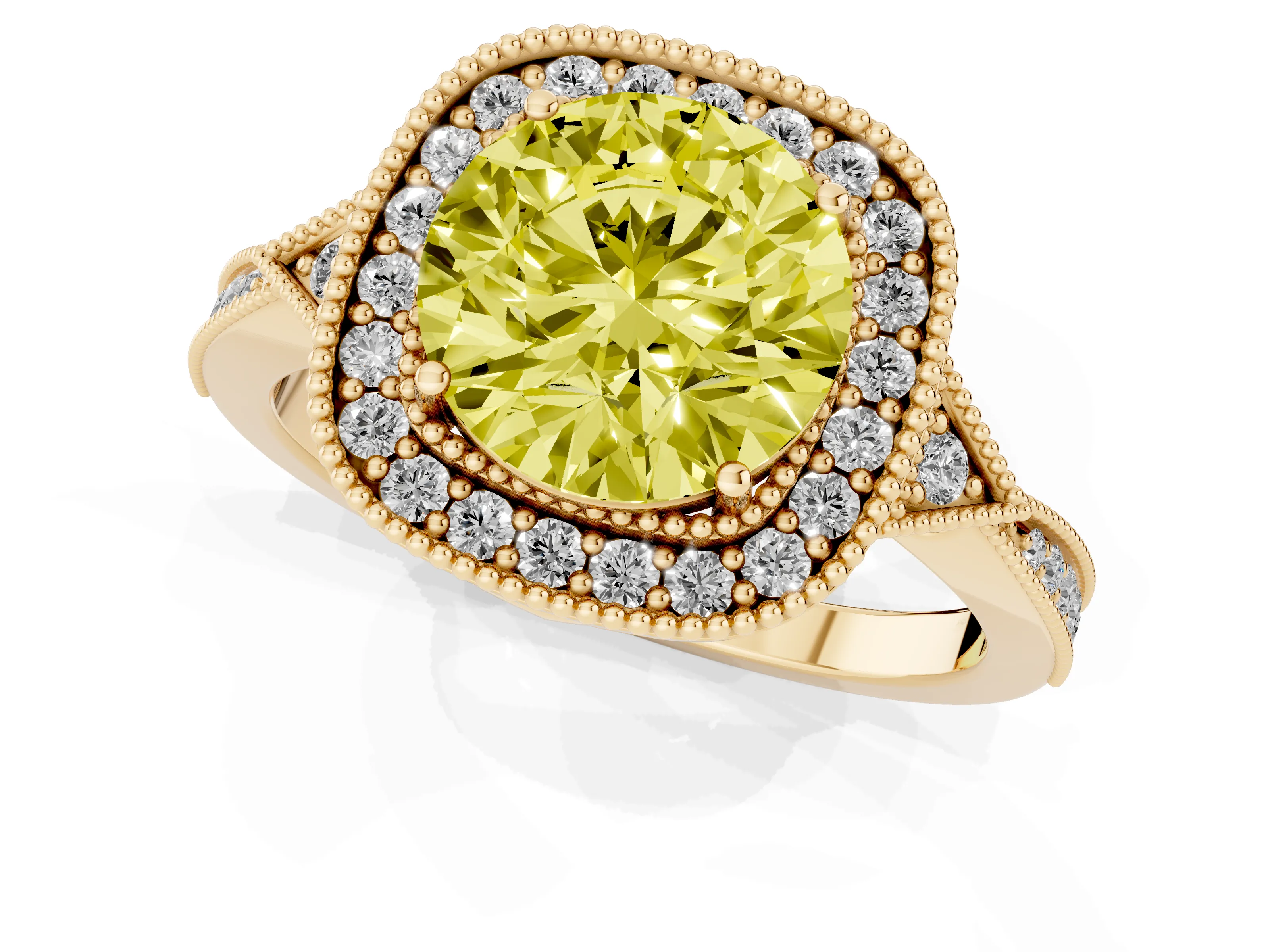 Fancy Yellow Round Cut Diamond Halo Engagement Ring Set in Yellow gold with Milgrain Pavé Band
