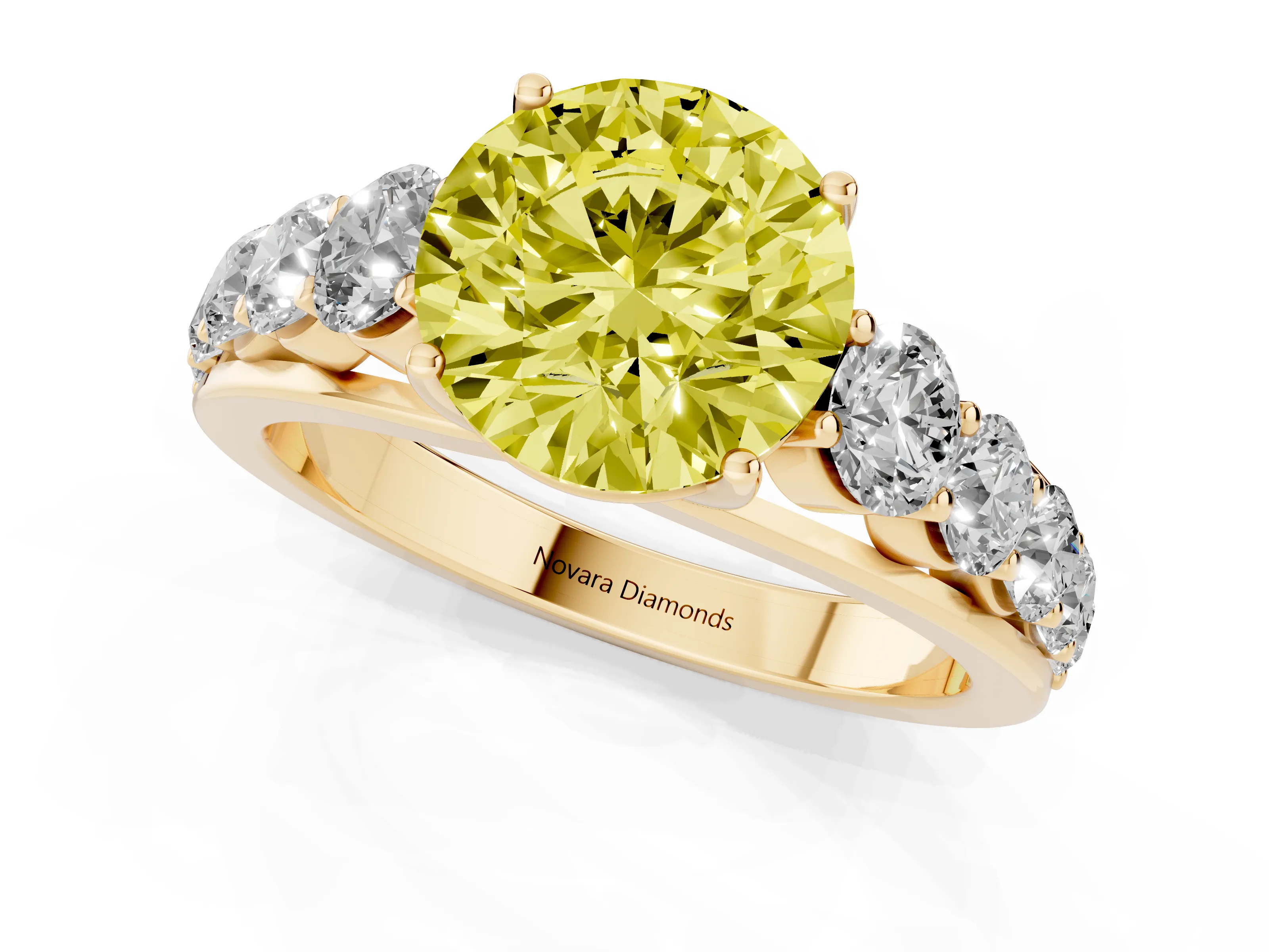 Fancy Yellow Round Cut Diamond Solitaire Ring Set in Yellow gold with Pavé-Set Band and Prong Setting