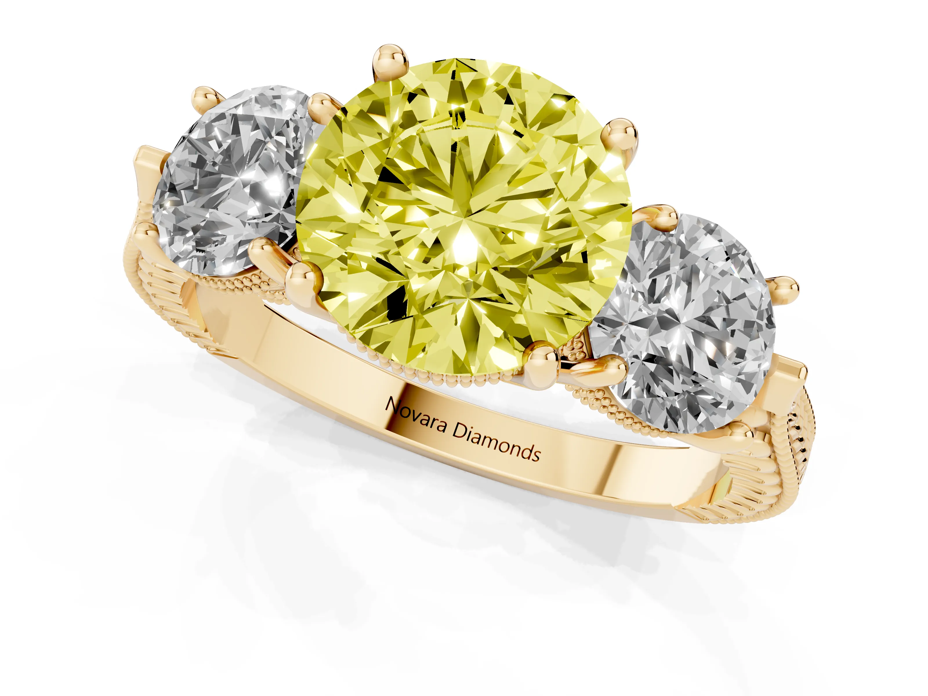 Fancy Yellow Round Cut Diamond Three-Stone Ring Set in Yellow gold with Milgrain Band