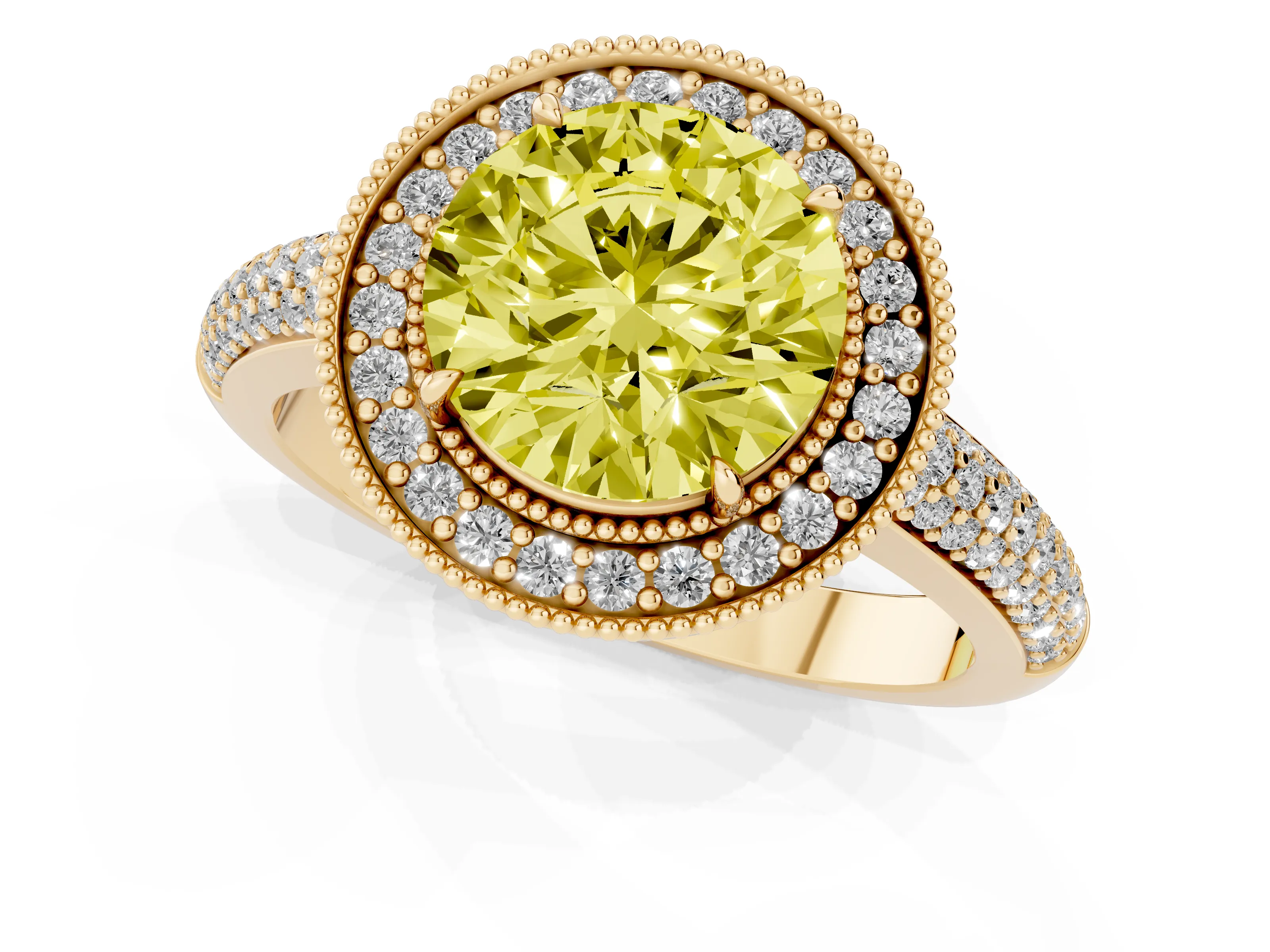 Fancy Yellow Round Cut Diamond Halo Pavé Band Set in Yellow gold with Prong Setting