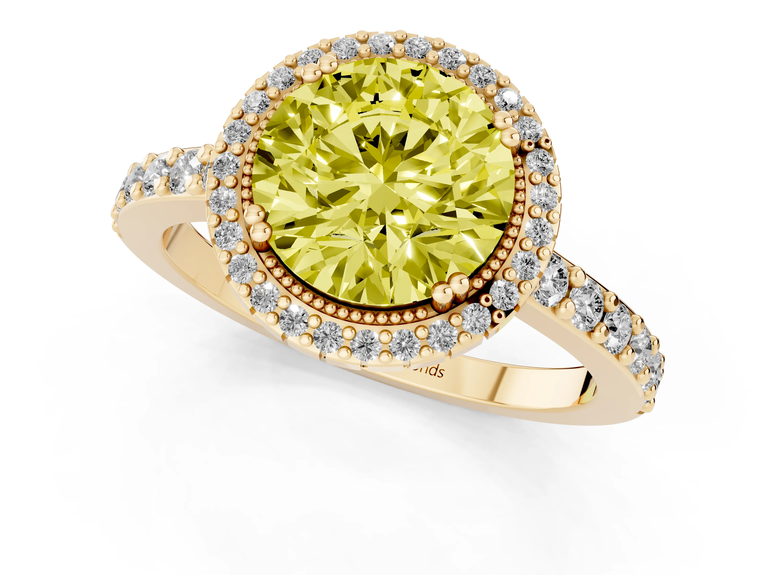 Fancy Yellow Round Cut Diamond Halo Engagement Ring Set in Yellow gold with Milgrain Detail and Pavé Band
