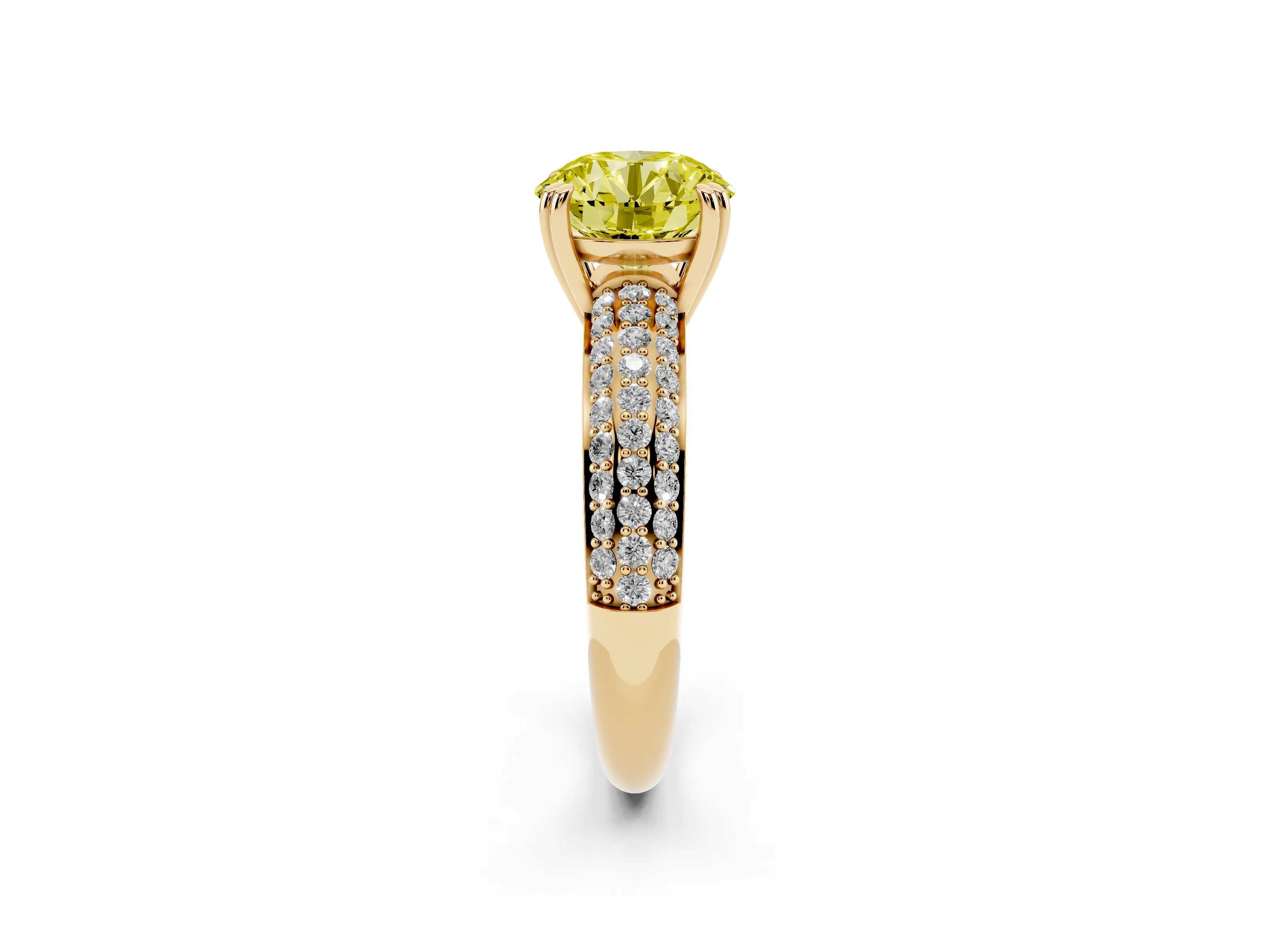 Fancy Yellow Round Cut Diamond Solitaire Ring Set in Yellow gold with Multi-Row Round Pavé Band and Prong Setting
