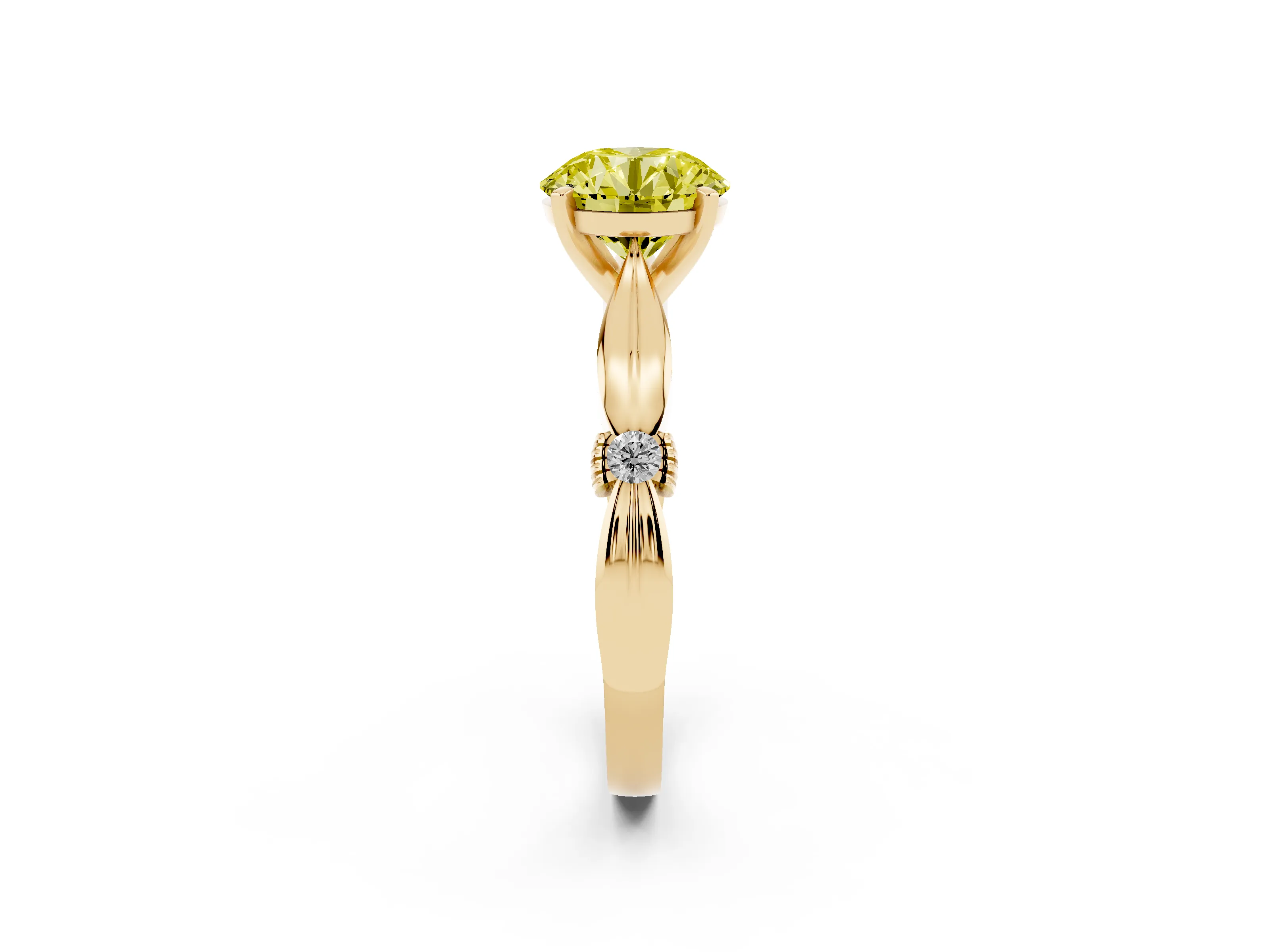 Fancy Yellow Round Cut Diamond Solitaire Twisted Band Ring Set in Yellow gold with Accent Stones and Prong Setting