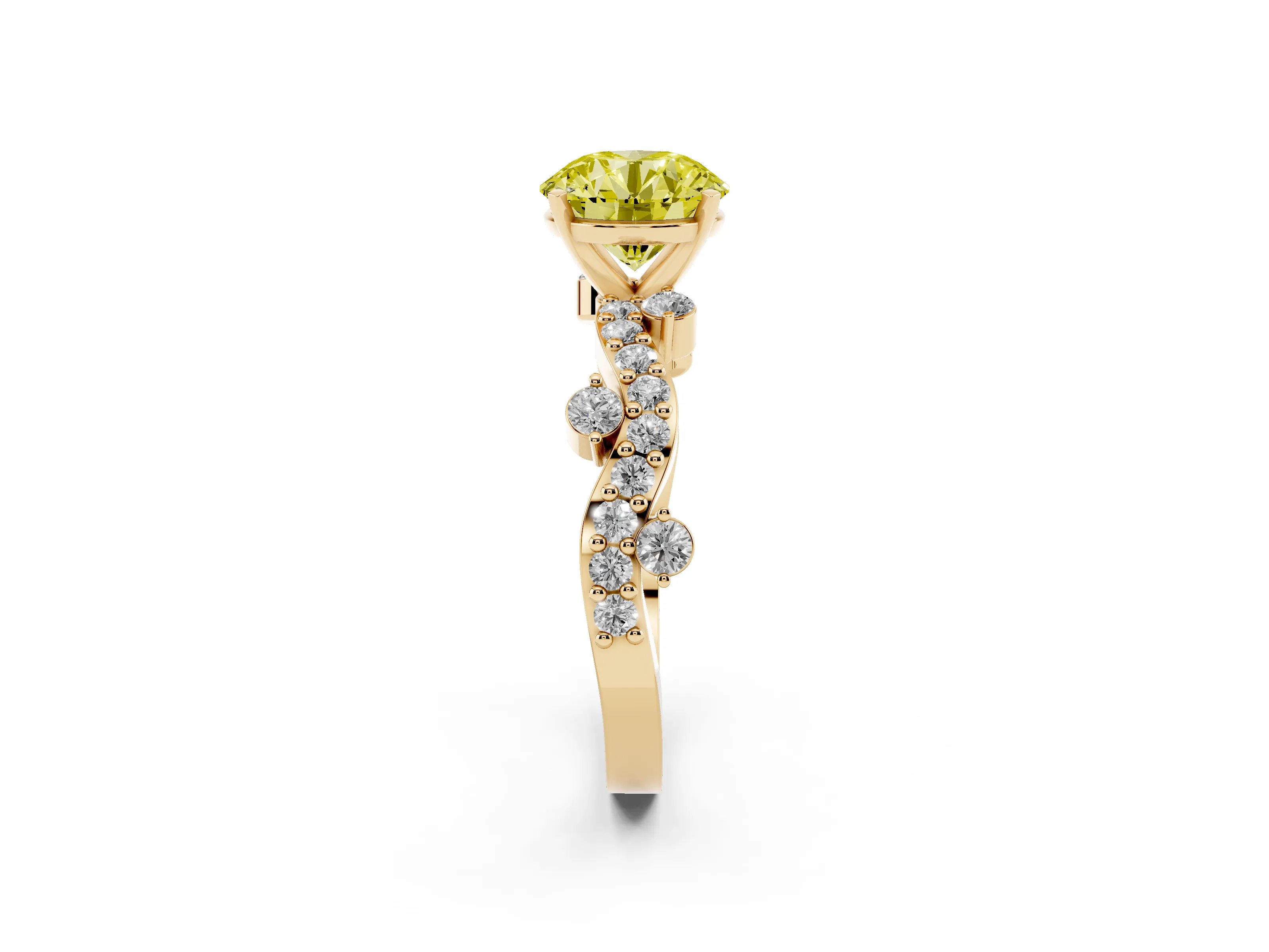 Fancy Yellow Round Cut Diamond Solitaire Twisted Band Set in Yellow gold with Pavé Setting