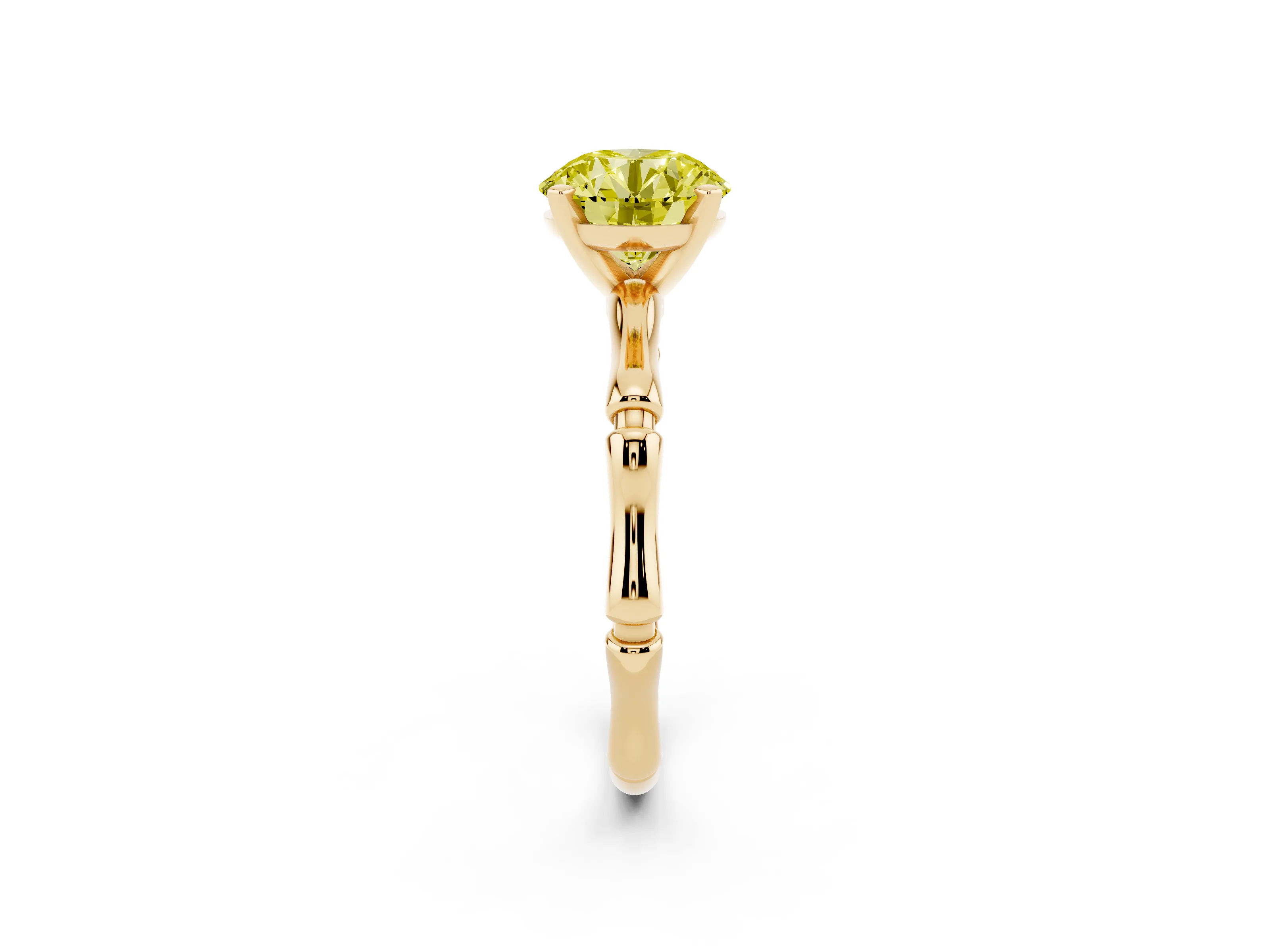 Fancy Yellow Round Cut Diamond Solitaire Ring Set in Yellow gold with Bamboo Band and Prong Setting
