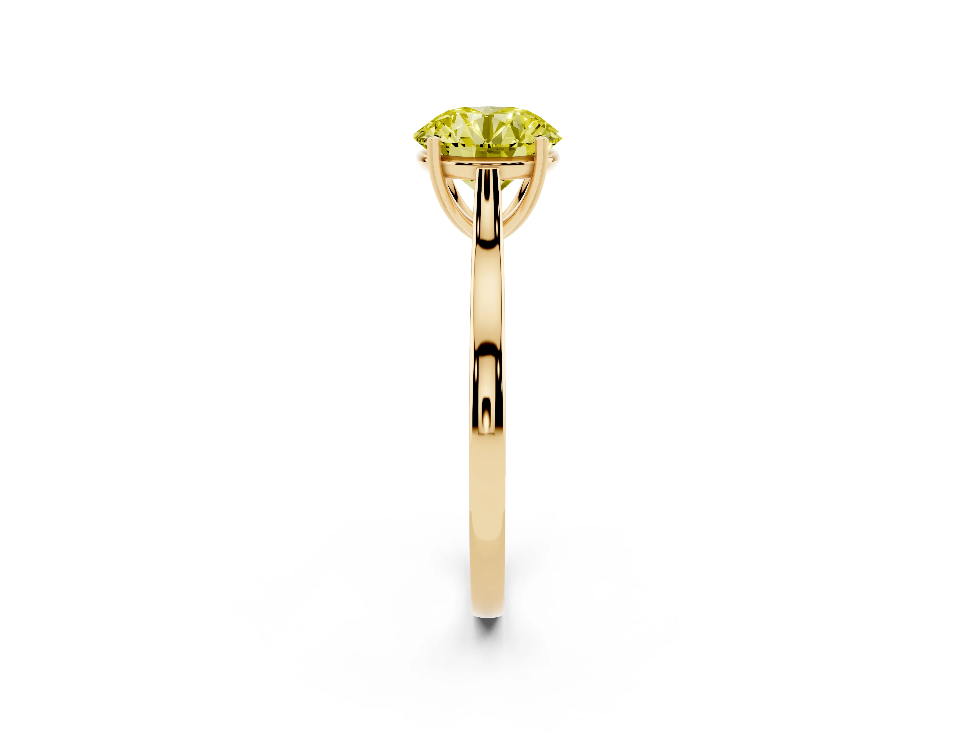 Fancy Yellow Round Cut Diamond Solitaire Heart Prong Engagement Ring Set in Yellow gold with Tapered Band