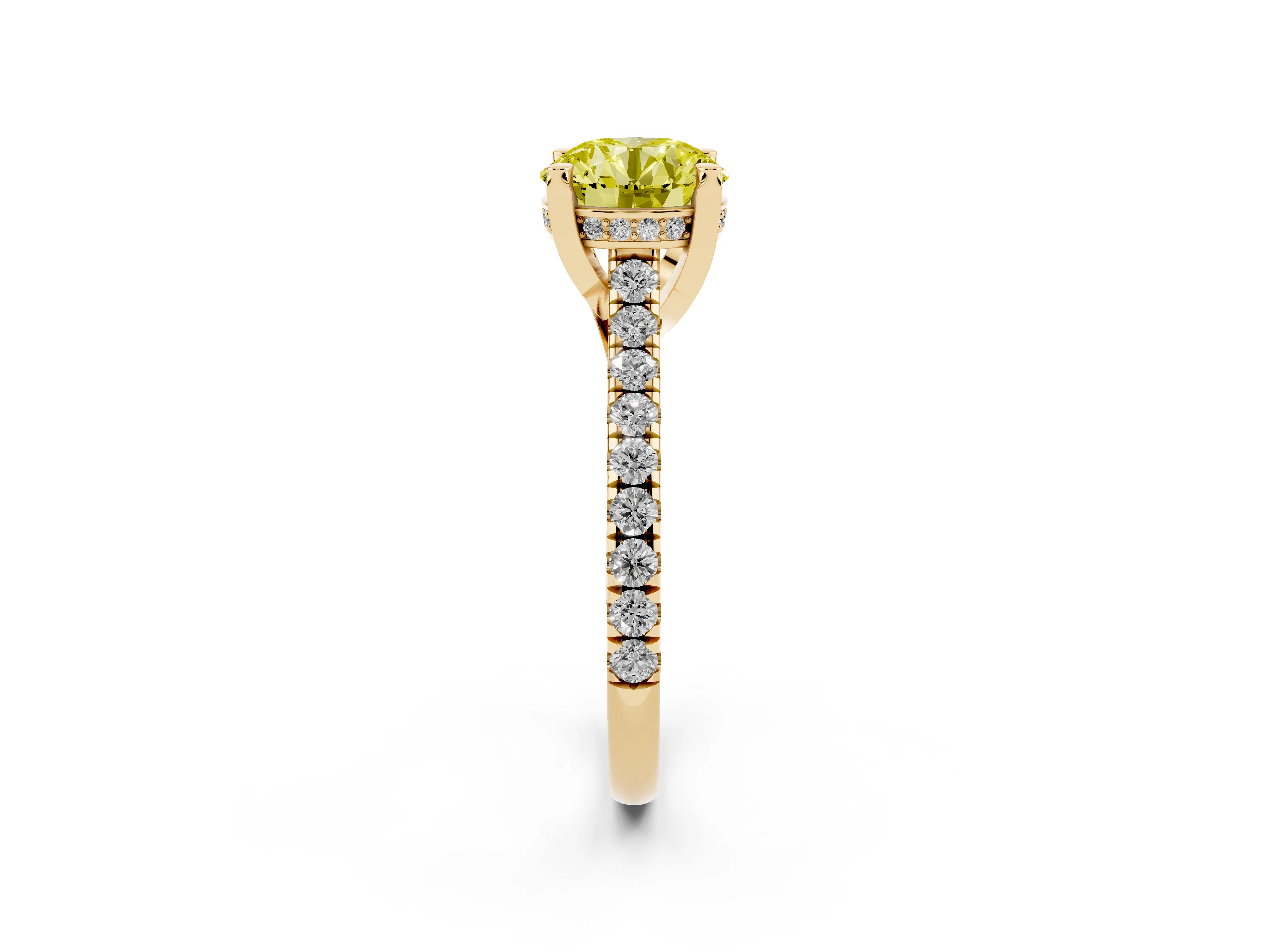 Fancy Yellow Round Cut Diamond Solitaire Ring Set in Yellow gold with Brilliant Pavé Band and Prong Setting