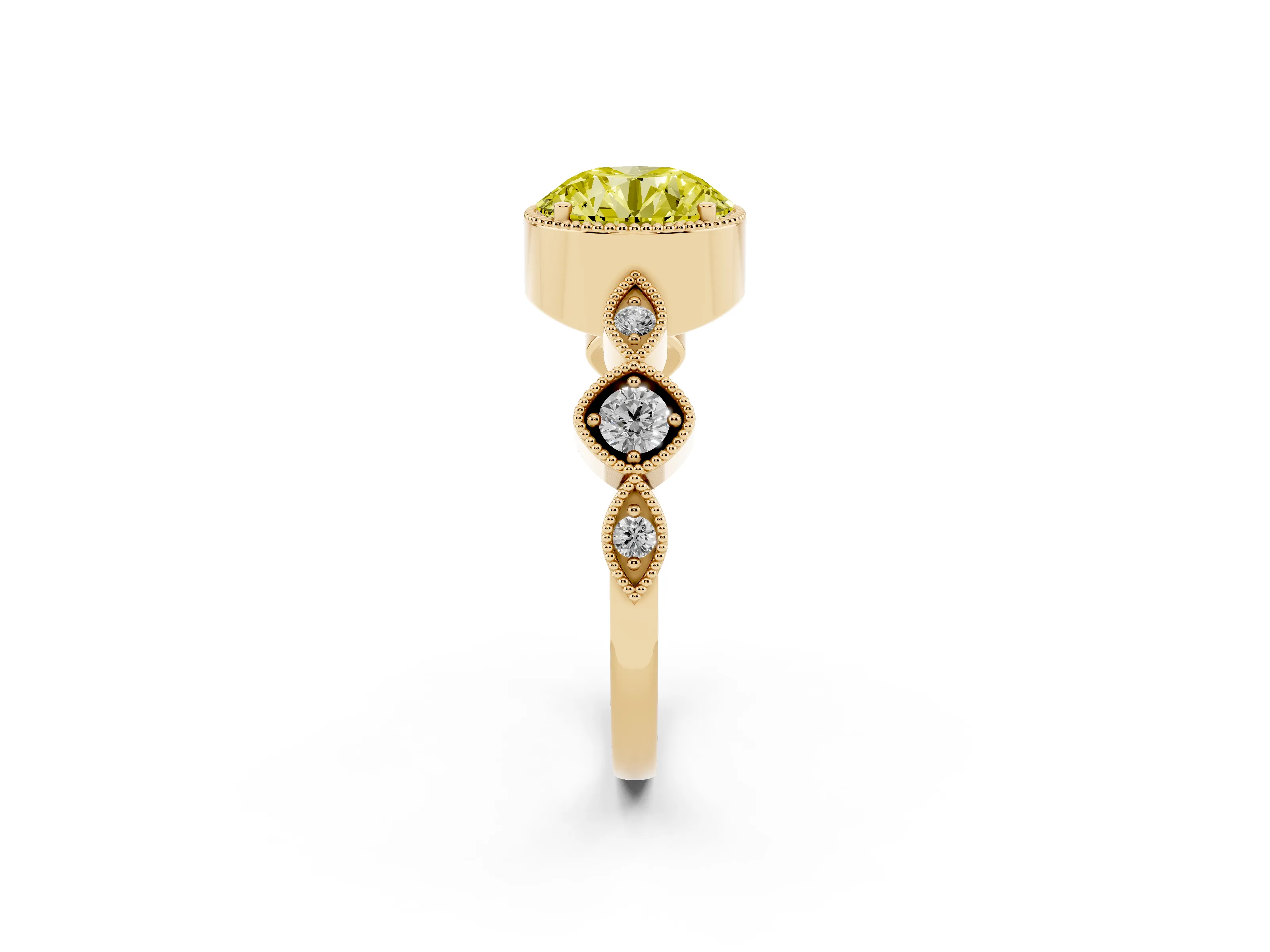 Fancy Yellow Round Cut Diamond Vintage-Inspired Milgrain Ring Set in Yellow gold with Marquise Stations of Round Accents