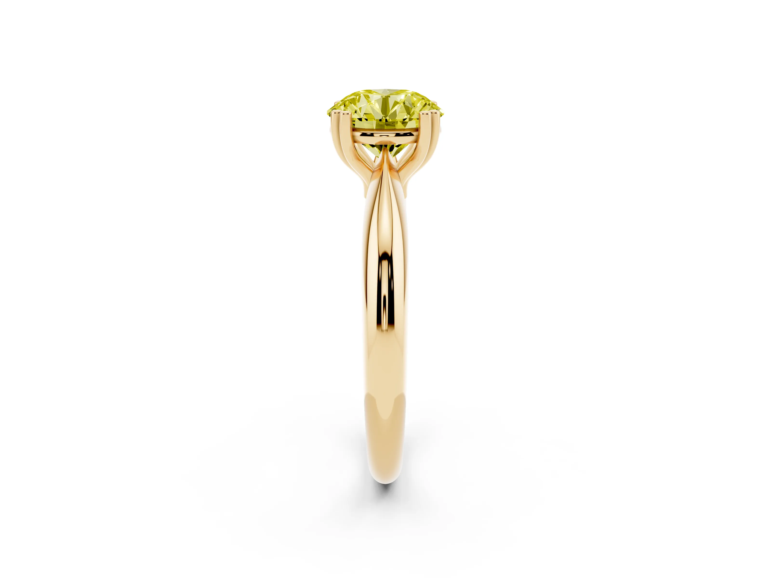 Fancy Yellow Round Cut Diamond Solitaire Engagement Ring Set in Yellow gold with Tapered Band and Prong Setting