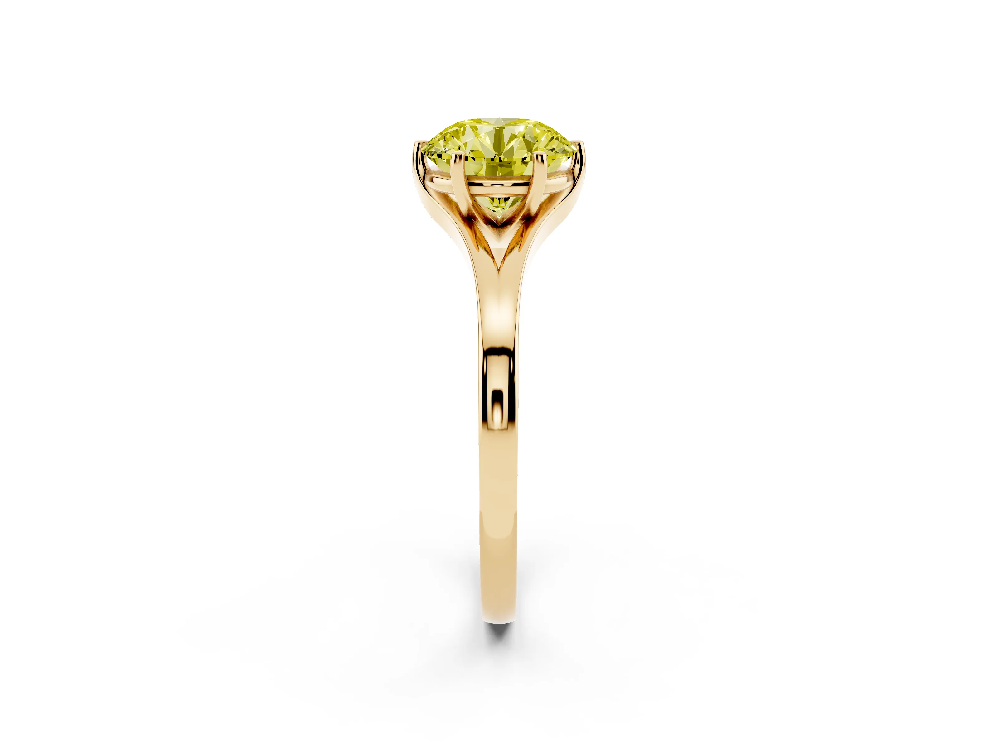 Fancy Yellow Round Cut Diamond Solitaire Ring Set in Yellow gold with Polished Tapered Band and Prong Setting