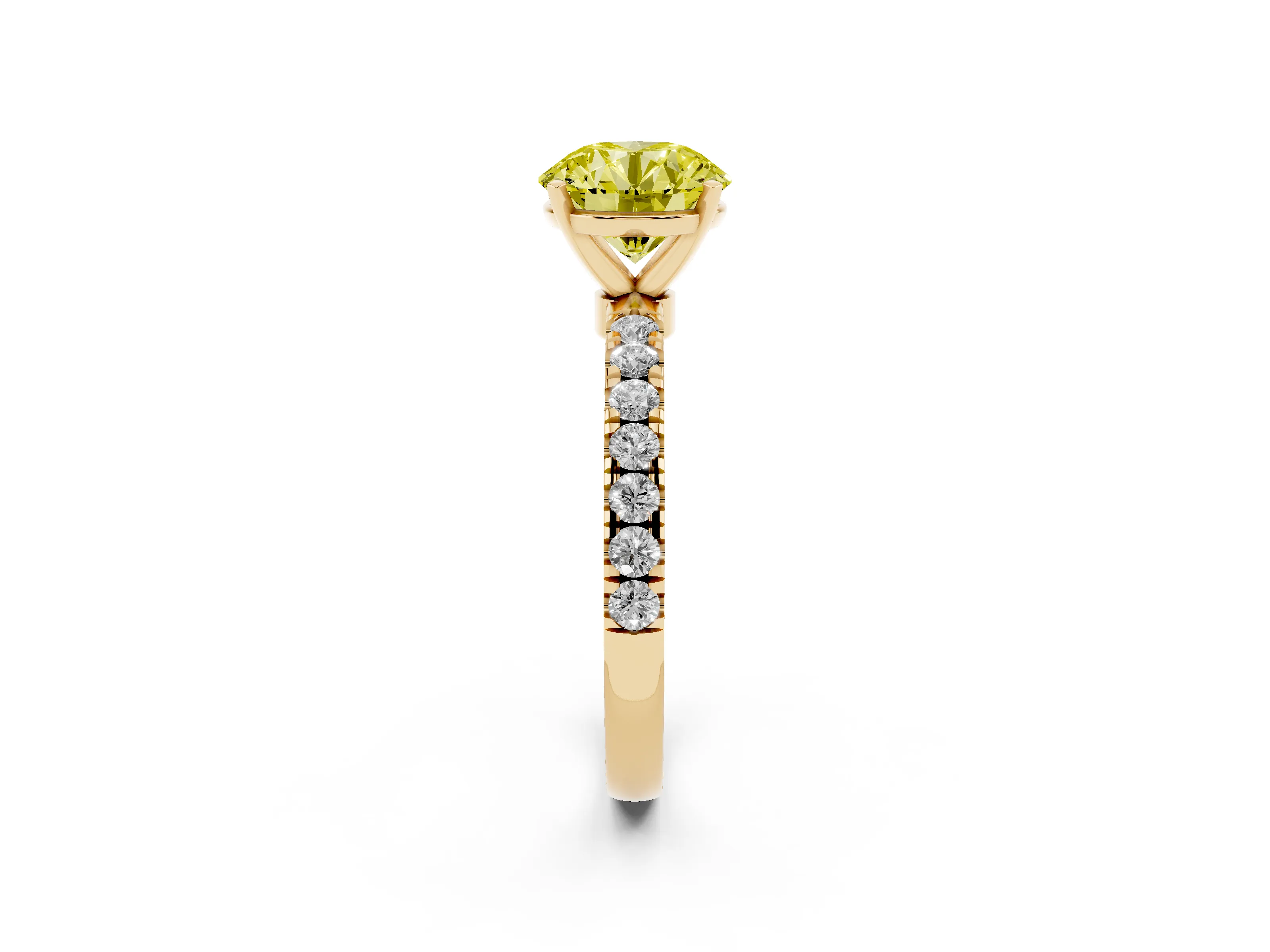 Fancy Yellow Round Cut Diamond Solitaire Ring Set in Yellow gold with Pavé Accents and Prong Setting