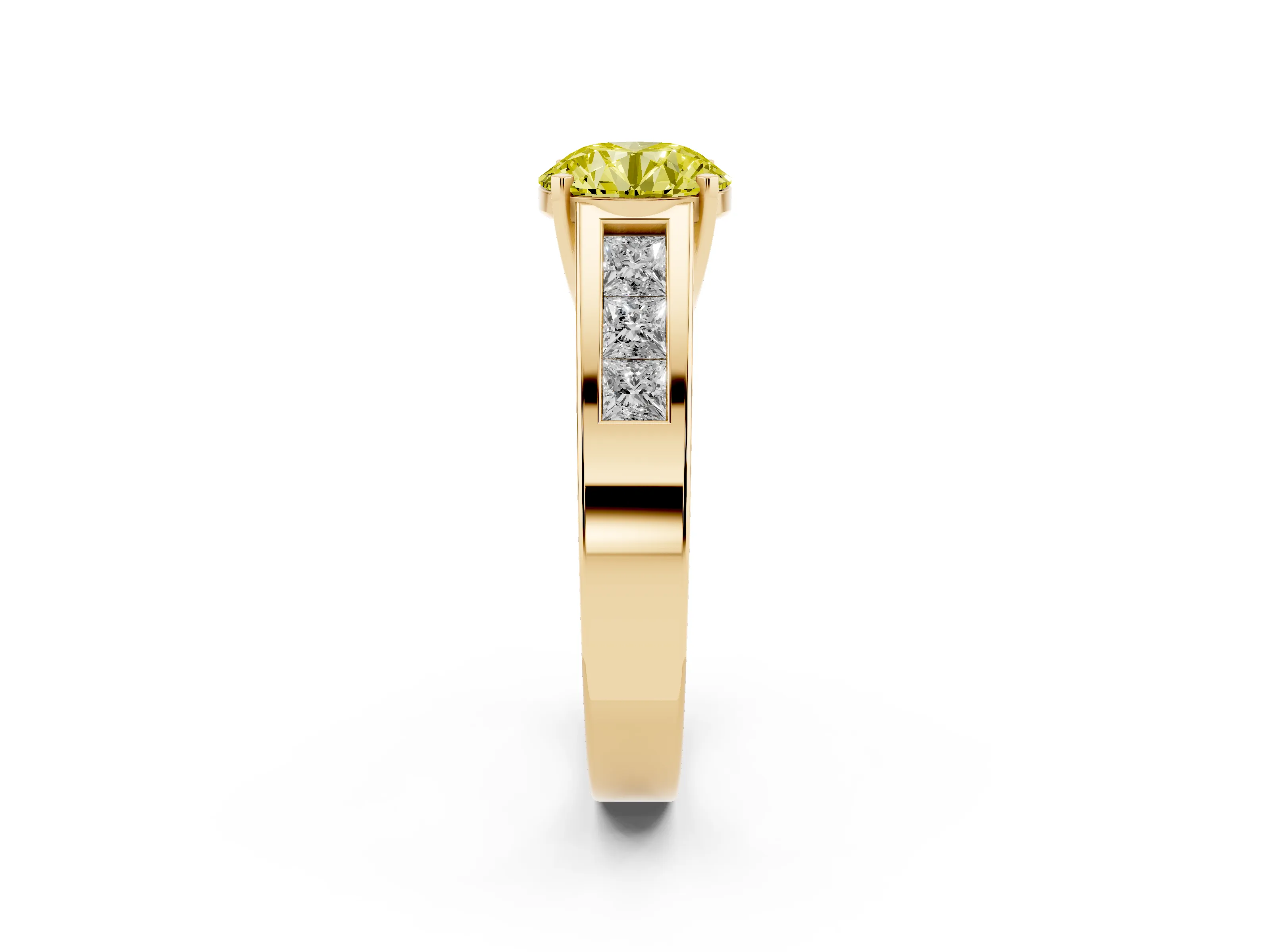 Fancy Yellow Round Cut Diamond Solitaire Ring Set in Yellow gold with Channel-Set Accent Stones and Prong Setting