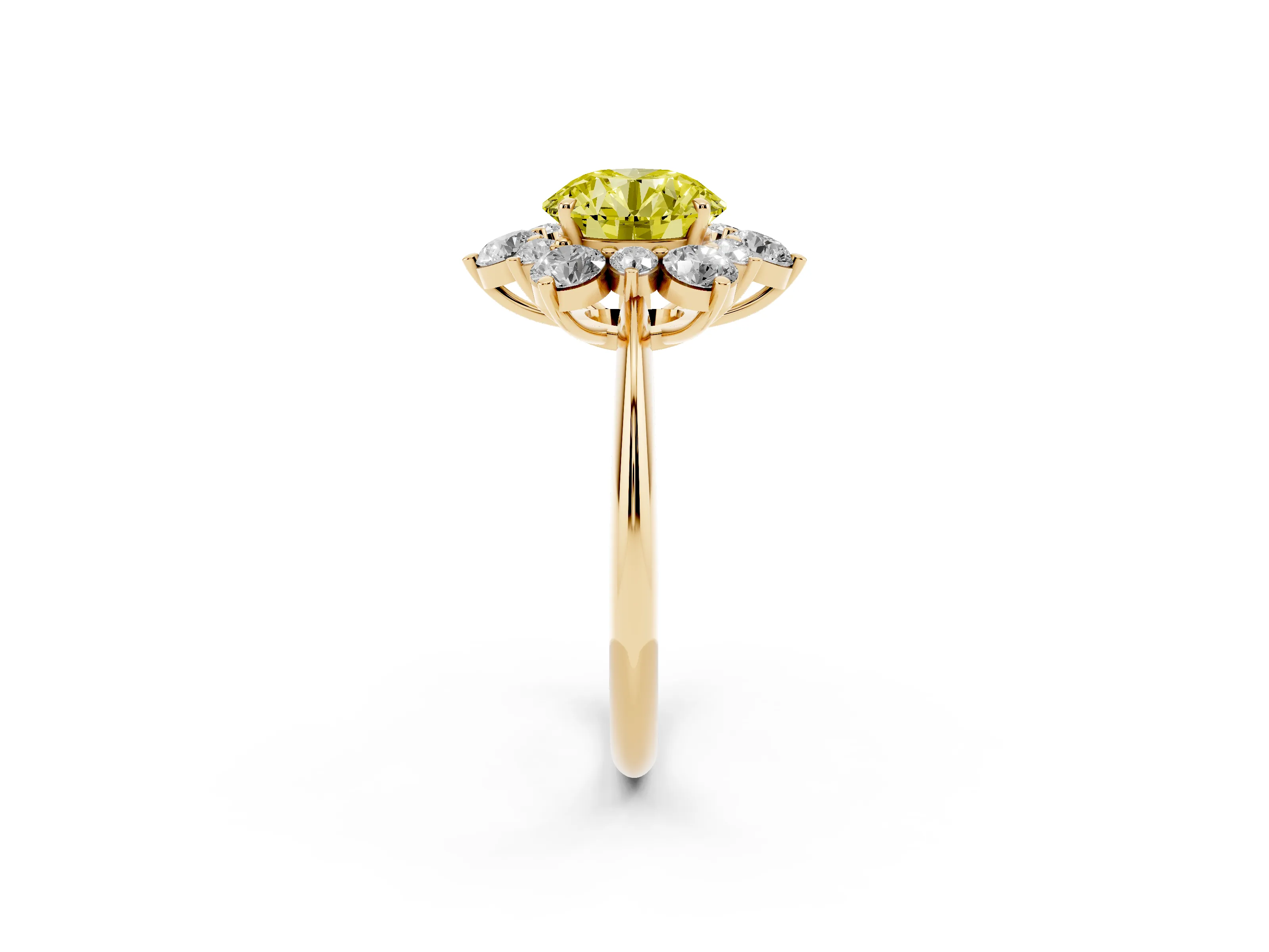 Fancy Yellow Round Cut Diamond Cluster Halo Ring Set in Yellow gold with Solitaire Band and Prong Setting