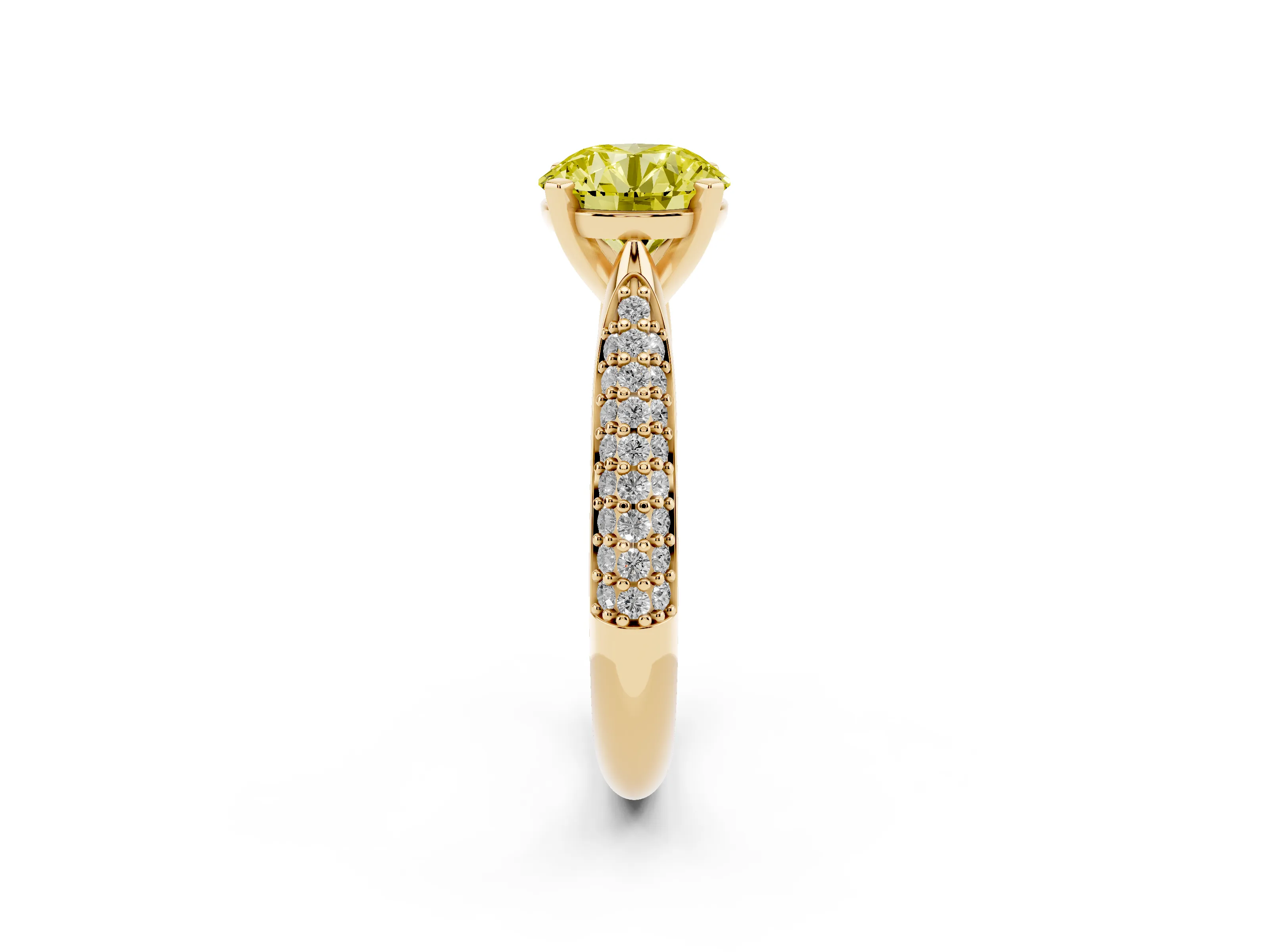 Fancy Yellow Round Cut Diamond Solitaire Engagement Ring Set in Yellow gold with Multi-Row Round Pavé Band and Prong Setting
