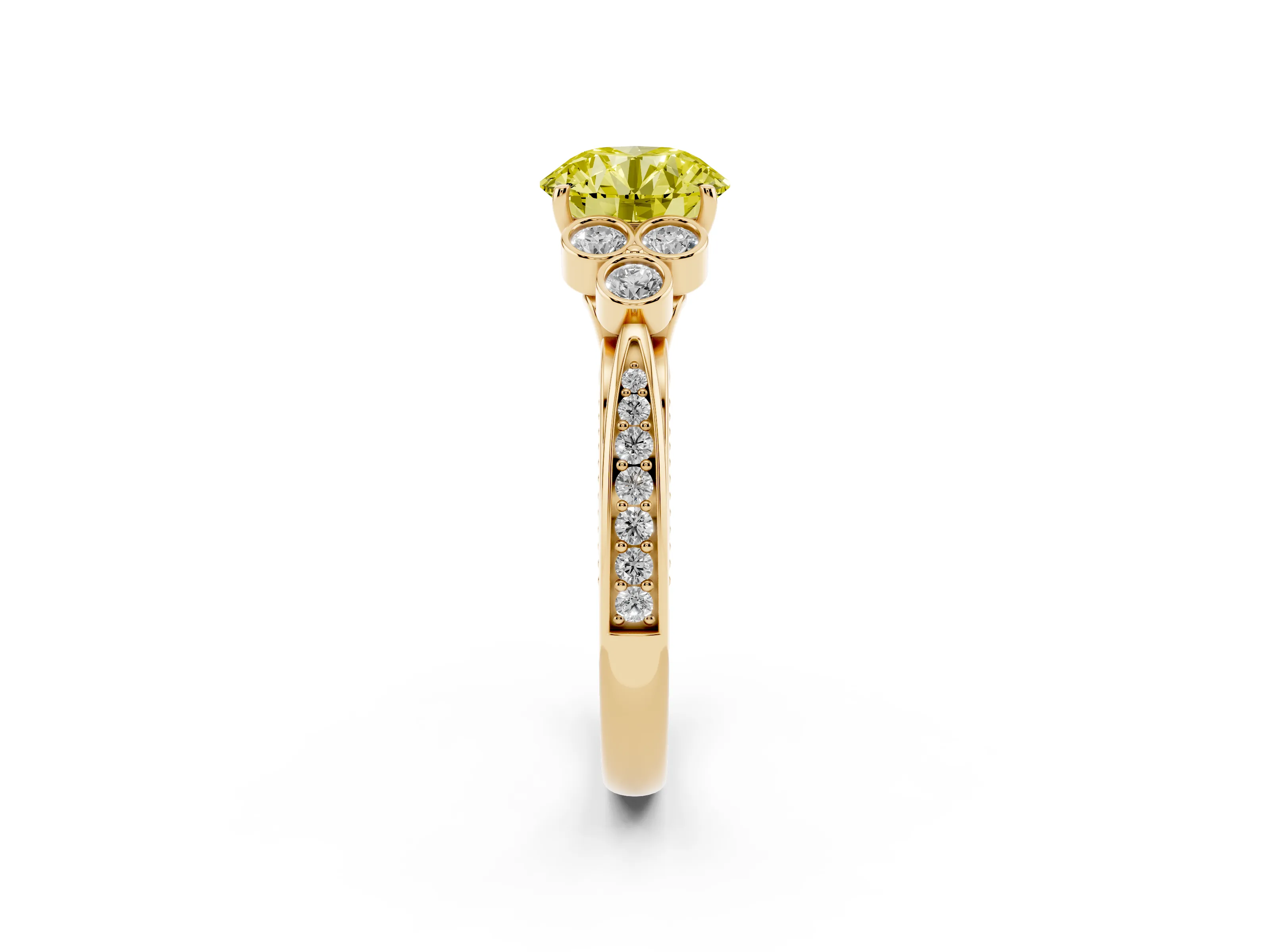 Fancy Yellow Round Cut Diamond Engagement Ring Set in Yellow gold with Bezel Set Round Side Stones and Prong Setting