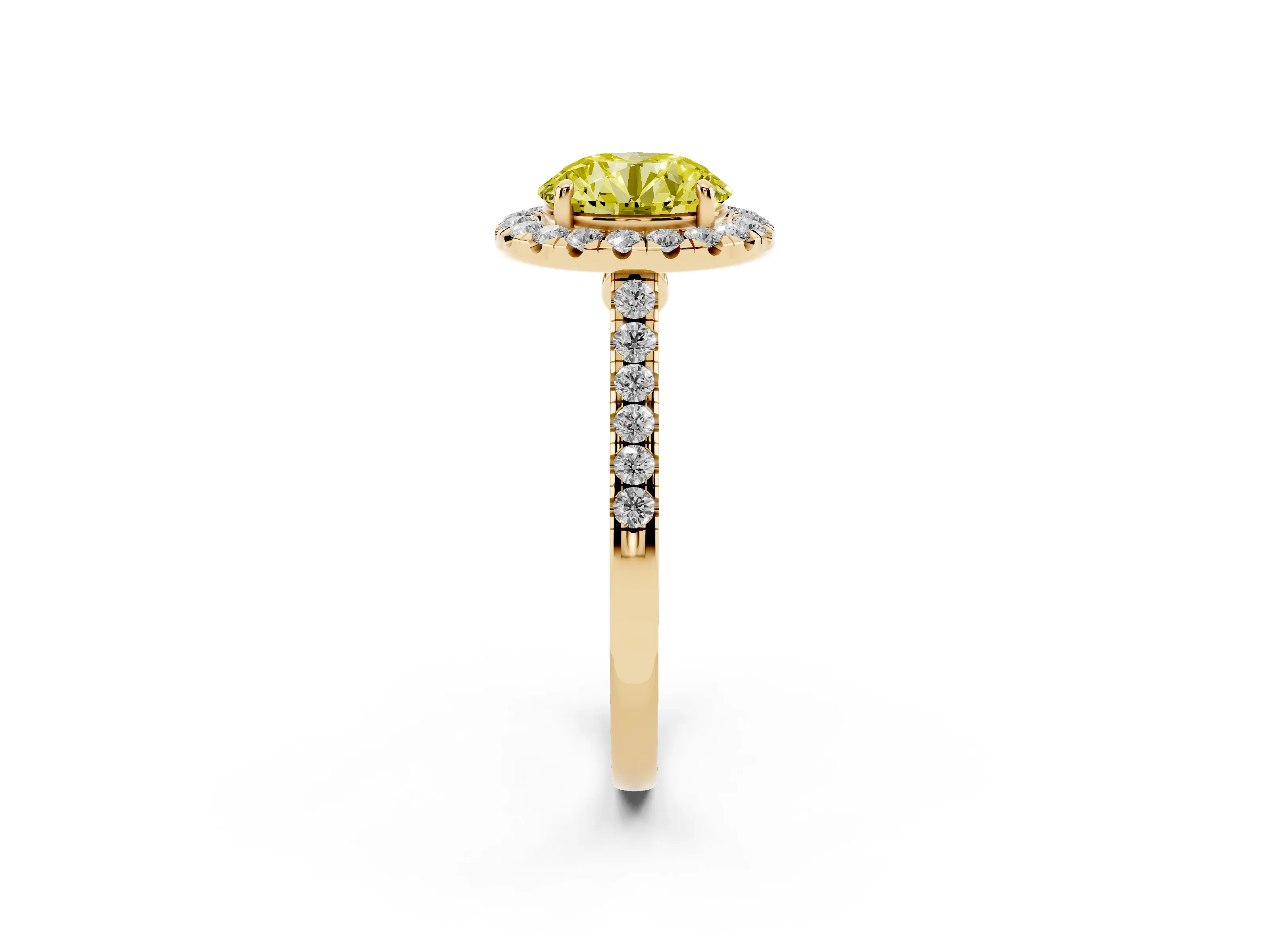 Fancy Yellow Round Cut Diamond Halo Pavé Engagement Ring Set in Yellow gold with Prong Setting