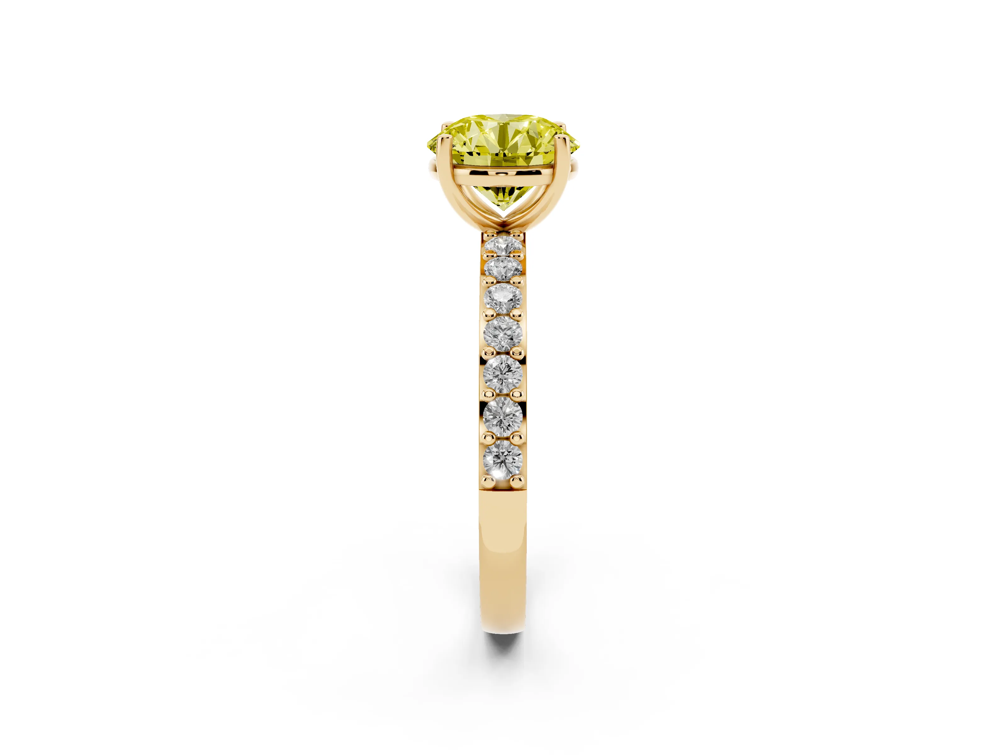 Fancy Yellow Round Cut Diamond Solitaire Set in Yellow gold with Round Pavé Band and Prong Setting