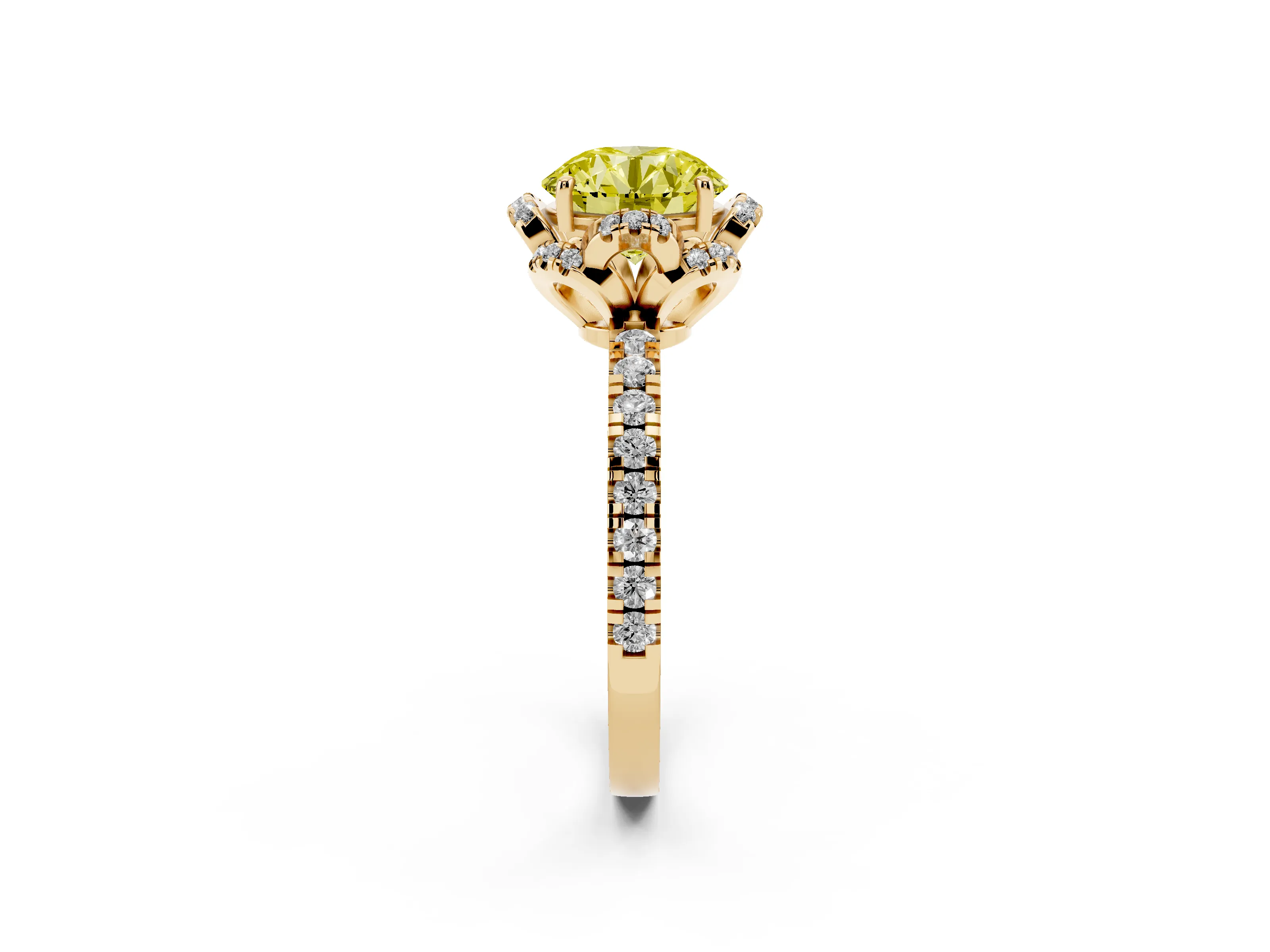 Fancy Yellow Round Cut Diamond Halo Pavé Band Ring Set in Yellow gold with Prong-Held Center