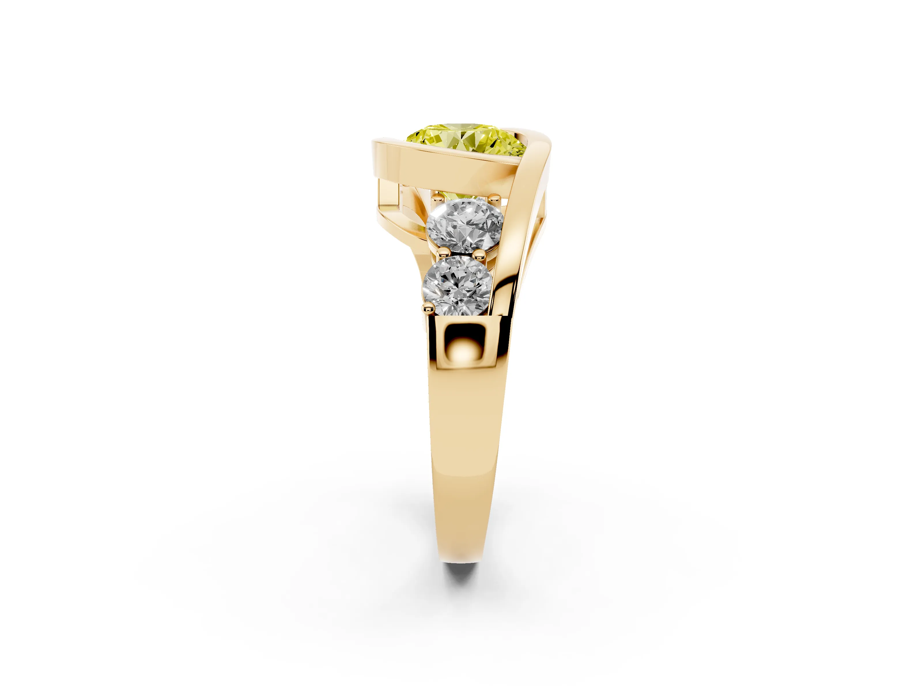 Fancy Yellow Round Cut Diamond Bezel Bypass Ring Set in Yellow gold with Round Accents