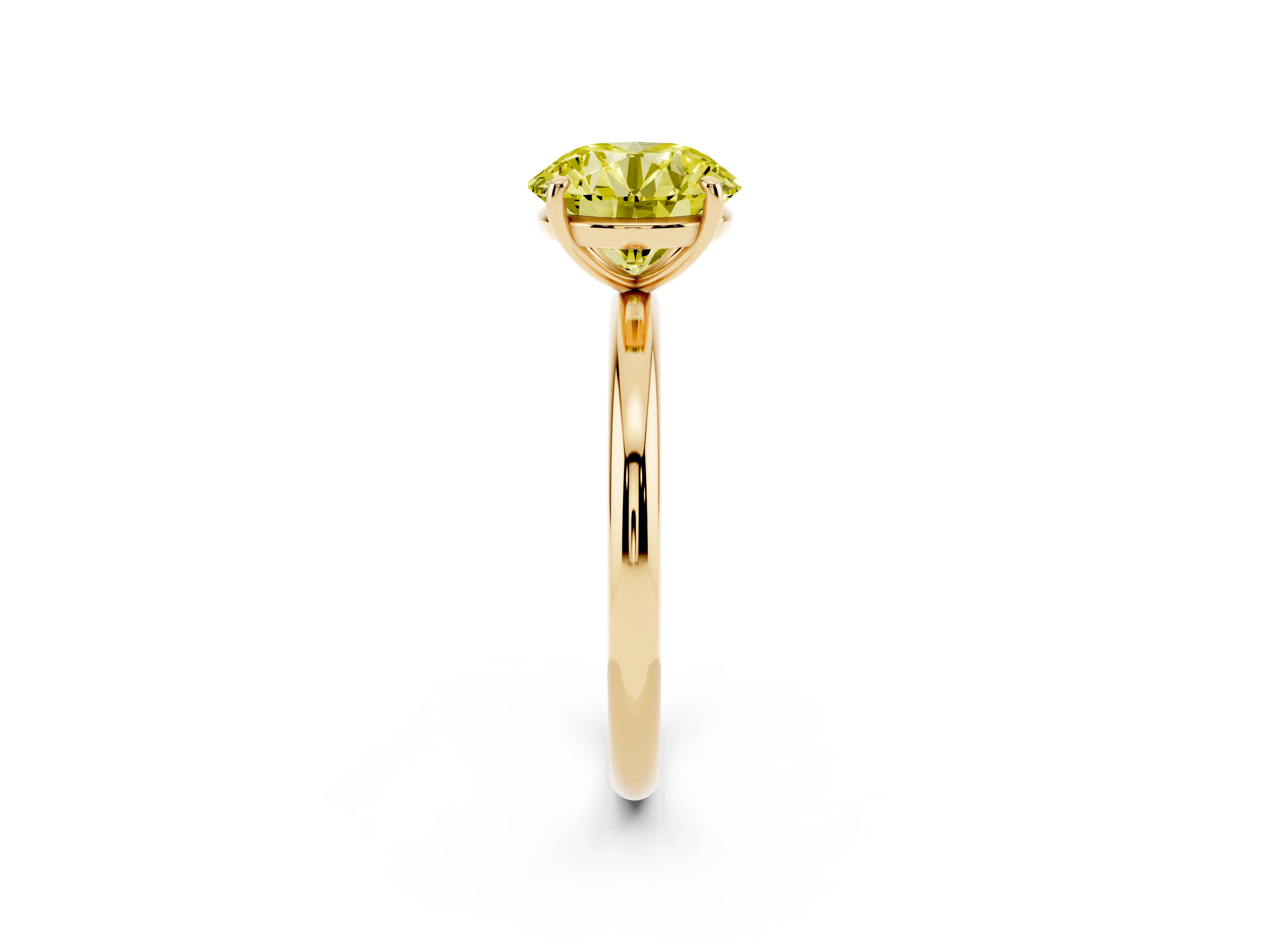 Fancy Yellow Round Cut Diamond Solitaire Ring Set in Yellow gold with Prong Setting on a Polished Plain Band