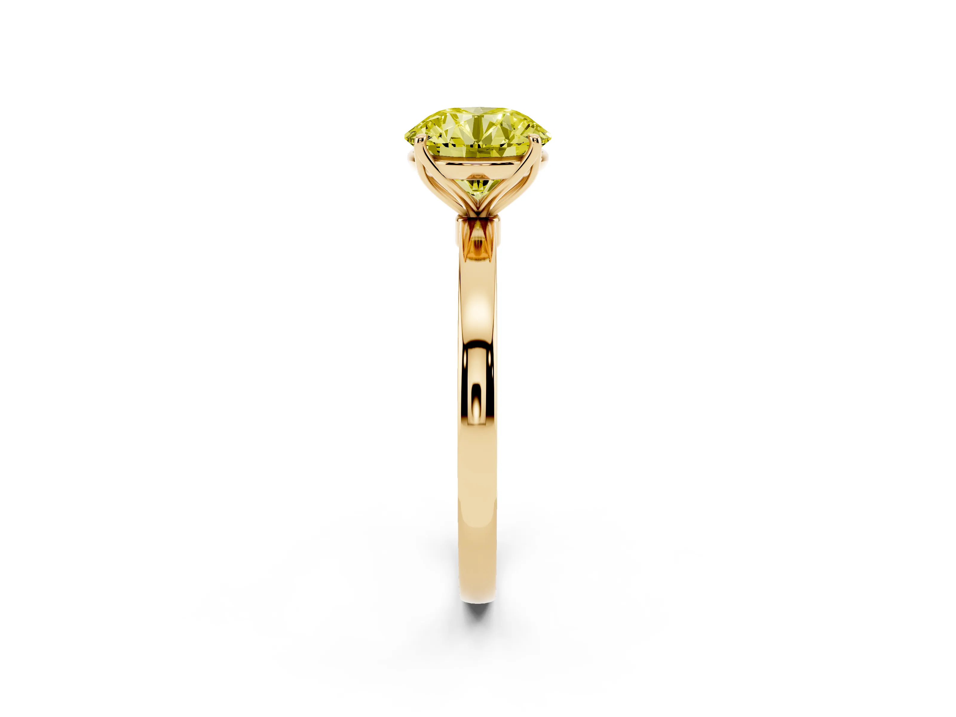 Fancy Yellow Round Cut Diamond Solitaire Ring Set in Yellow gold with Prong Setting and Thin Polished Band