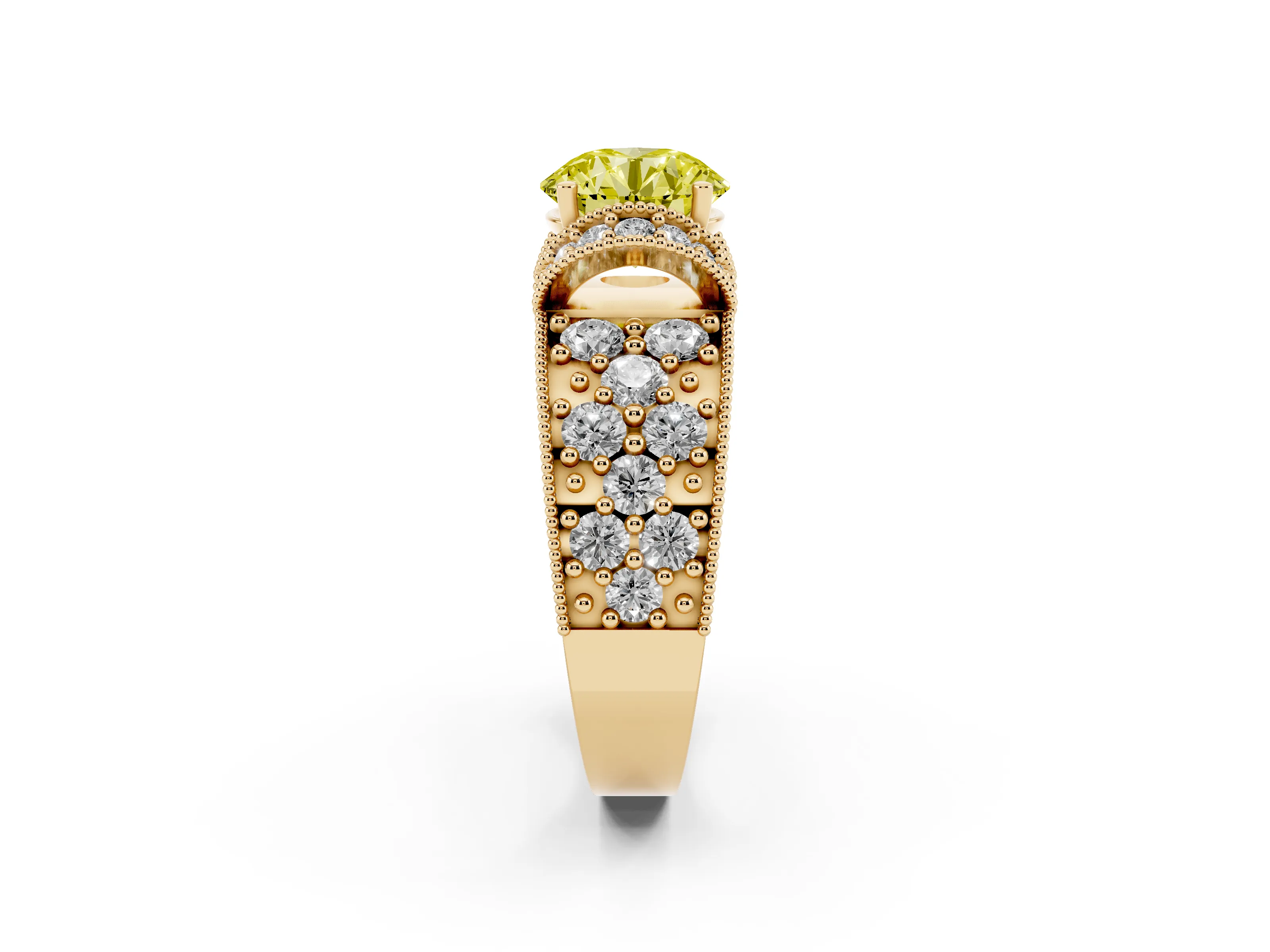 Fancy Yellow Round Cut Diamond Milgrain Halo Pavé Engagement Ring Set in Yellow gold with Prong Setting