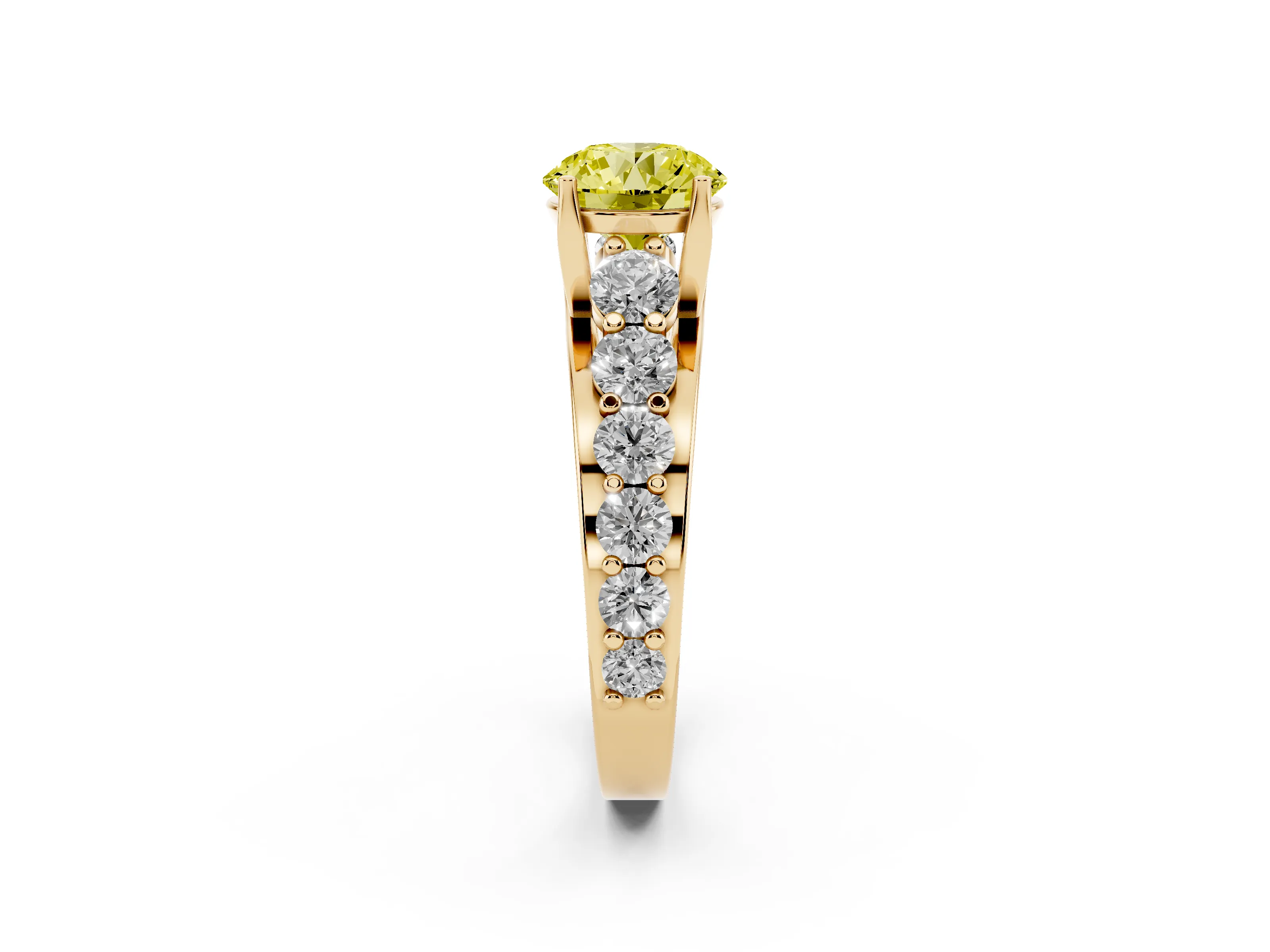 Fancy Yellow Round Cut Diamond Pavé Engagement Ring Set in Yellow gold with Prong Setting