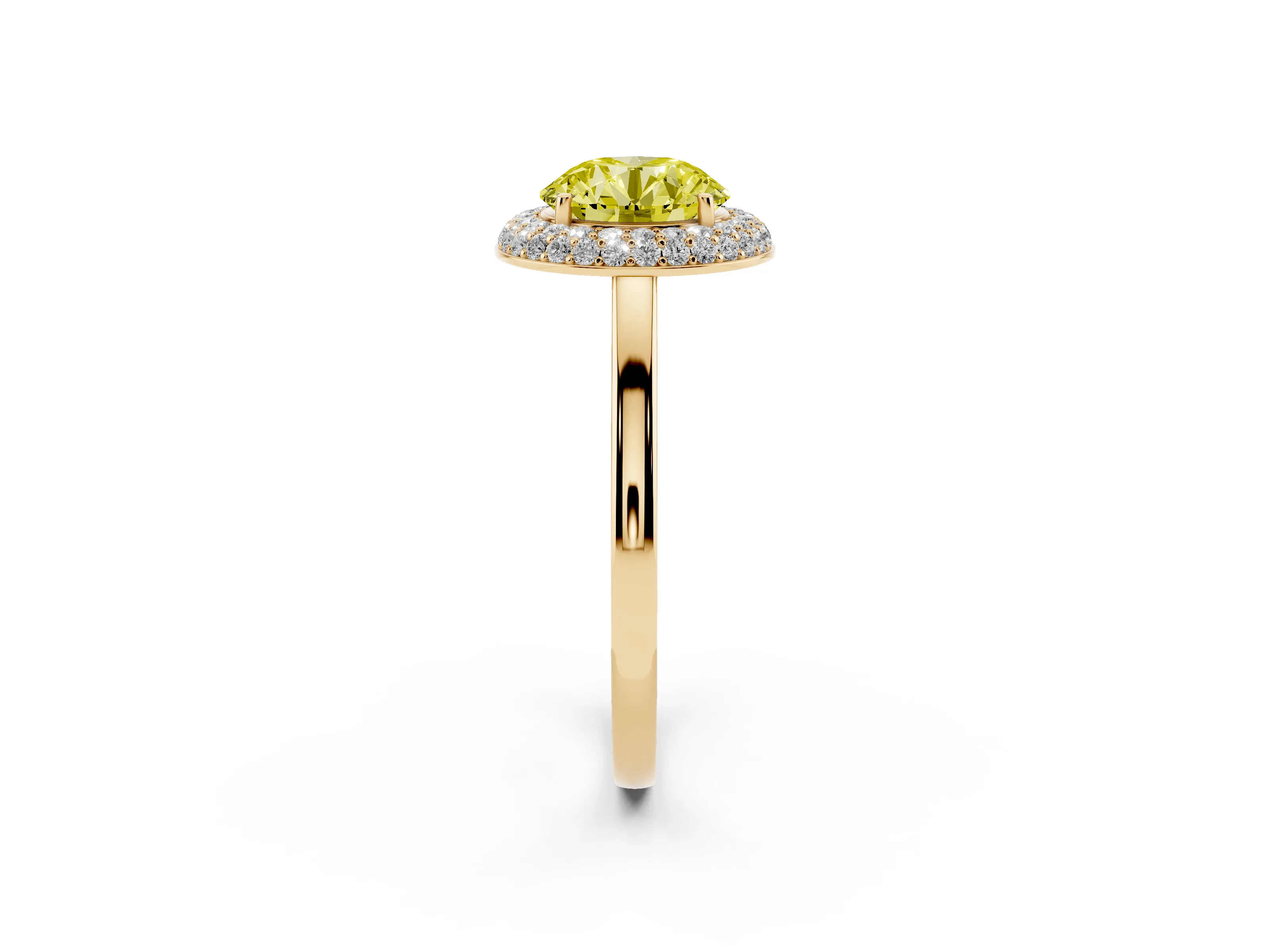 Fancy Yellow Round Cut Diamond Halo Engagement Ring Set in Yellow gold with Solitaire Band and Prong Setting